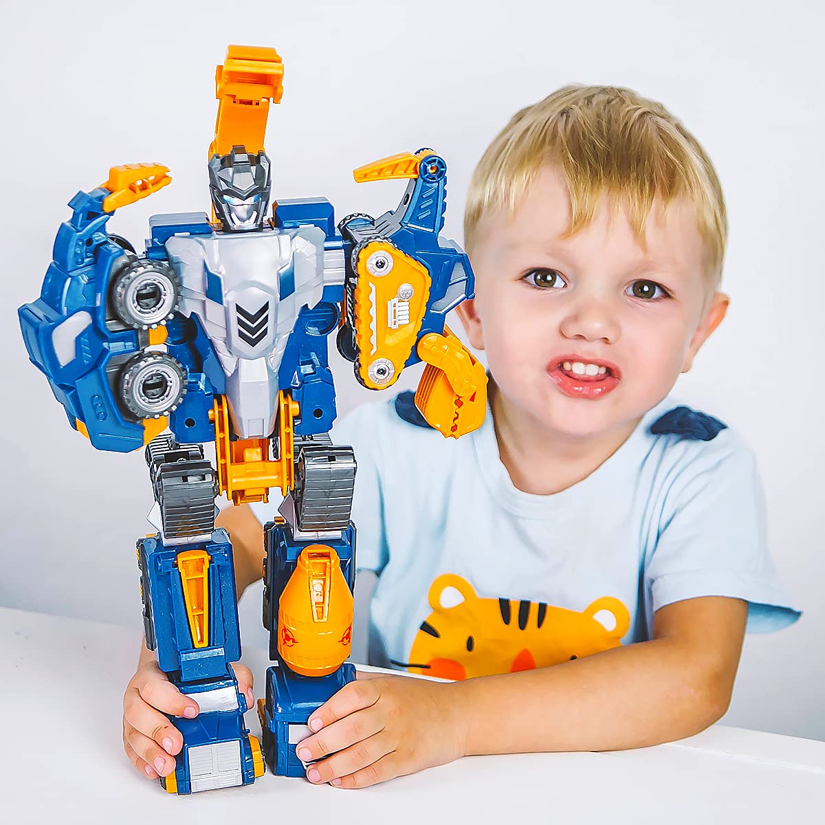 Fuzzy Pixie Toddler Construction Car Transform Set, 5pcs Dinosaur Rescue Robot with Magnetic Connectors, Assemble Building Trucks DIY STEM Toy, Birthday Present for Kids Boy Girl 3 4 5 6 7 Year