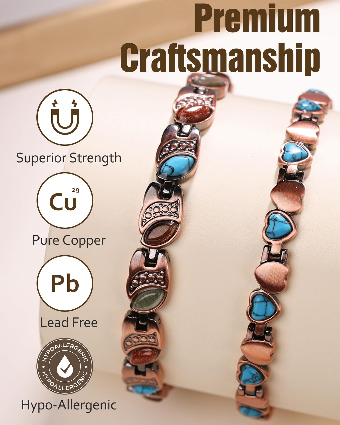Jecanori Ultra Strength Copper Magnetic Bracelets for Women with 3800 Gauss Magnets &Natural Turquoise & Adjustable Tool