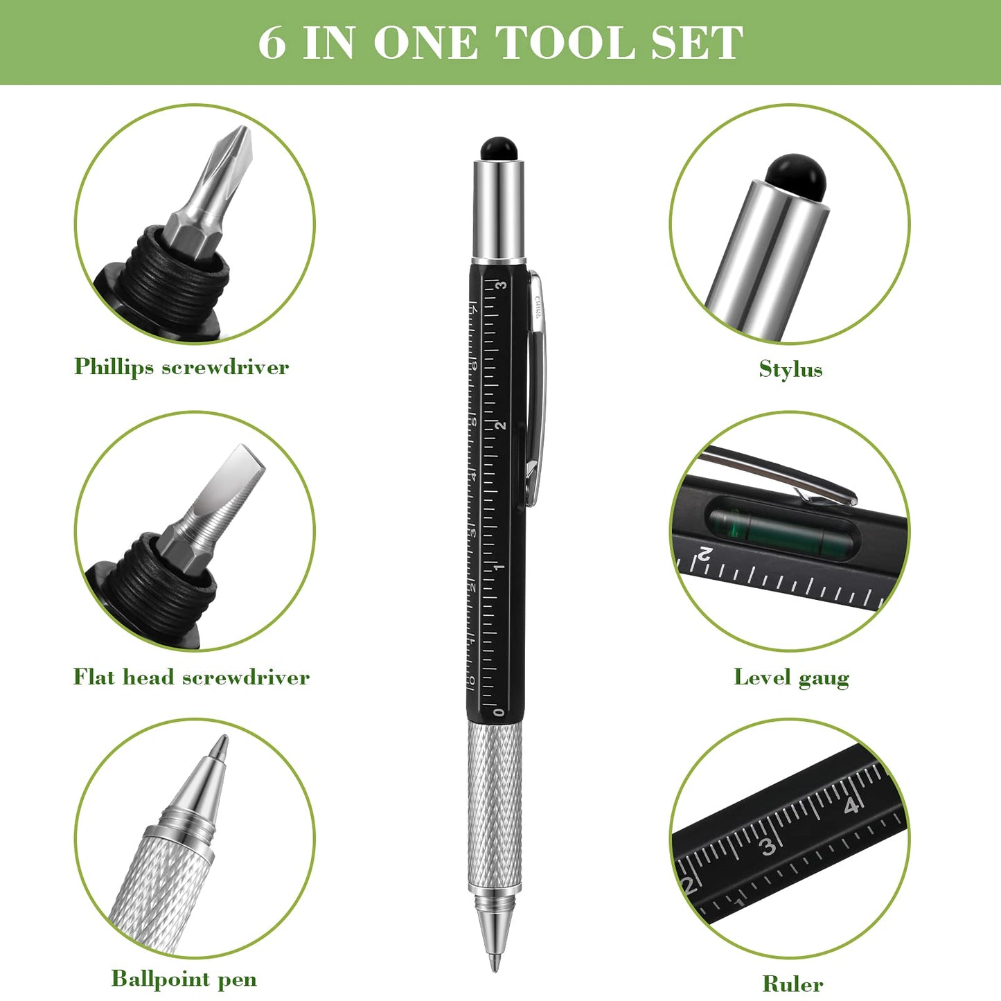 40 Pieces Multi-tool 6 in 1 Ballpoint Pen Multi-function Screwdriver Pen with Ruler Level Gauge and 40 Pieces Black Ink Refills Men Father Teacher Gifts for Father Day