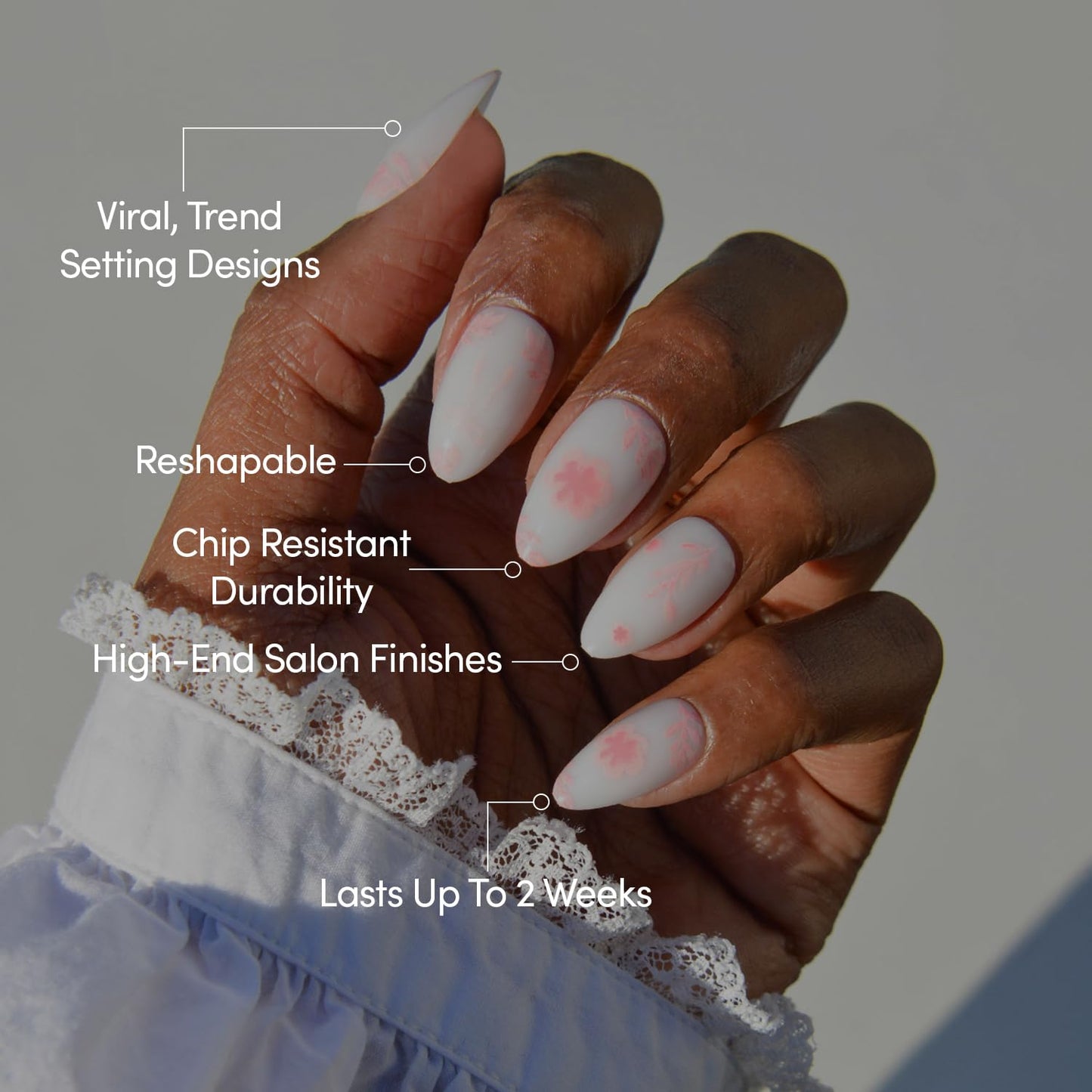 Glamnetic Press On Nails - Fleur Amour Spring Nails | Short Almond Fake Nails in White Base with Delicate Pink Floral Accents in a Glossy Finish | 15 Sizes - 30 Nail Kit with Glue