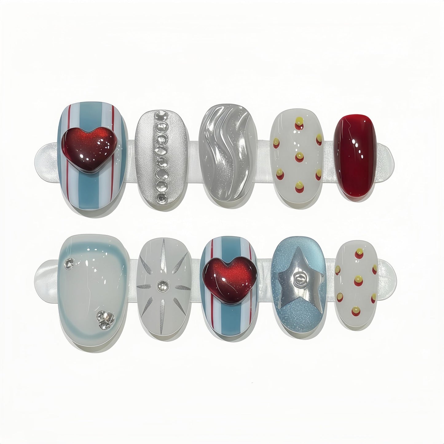 Fine Point Handmade Short Press On Nails - Heart 3D Design Cat Eye Acrylic Nails - Elegant Fake Nails Set | American Sweetheart (Size Medium)