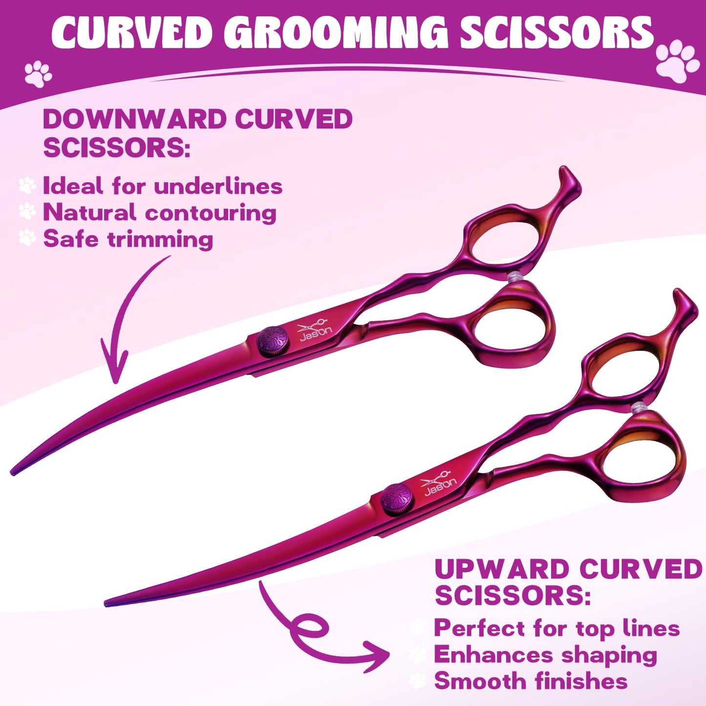 JASON Dog Grooming Scissors Set - Professional 6 in 1 Dog Shears Set - 7" Curved Chunker, 7" Straight, 7" Up-Curved, 7" Down-curved Scissors and Comb for Dog Cat Pet with Adjustable Screw