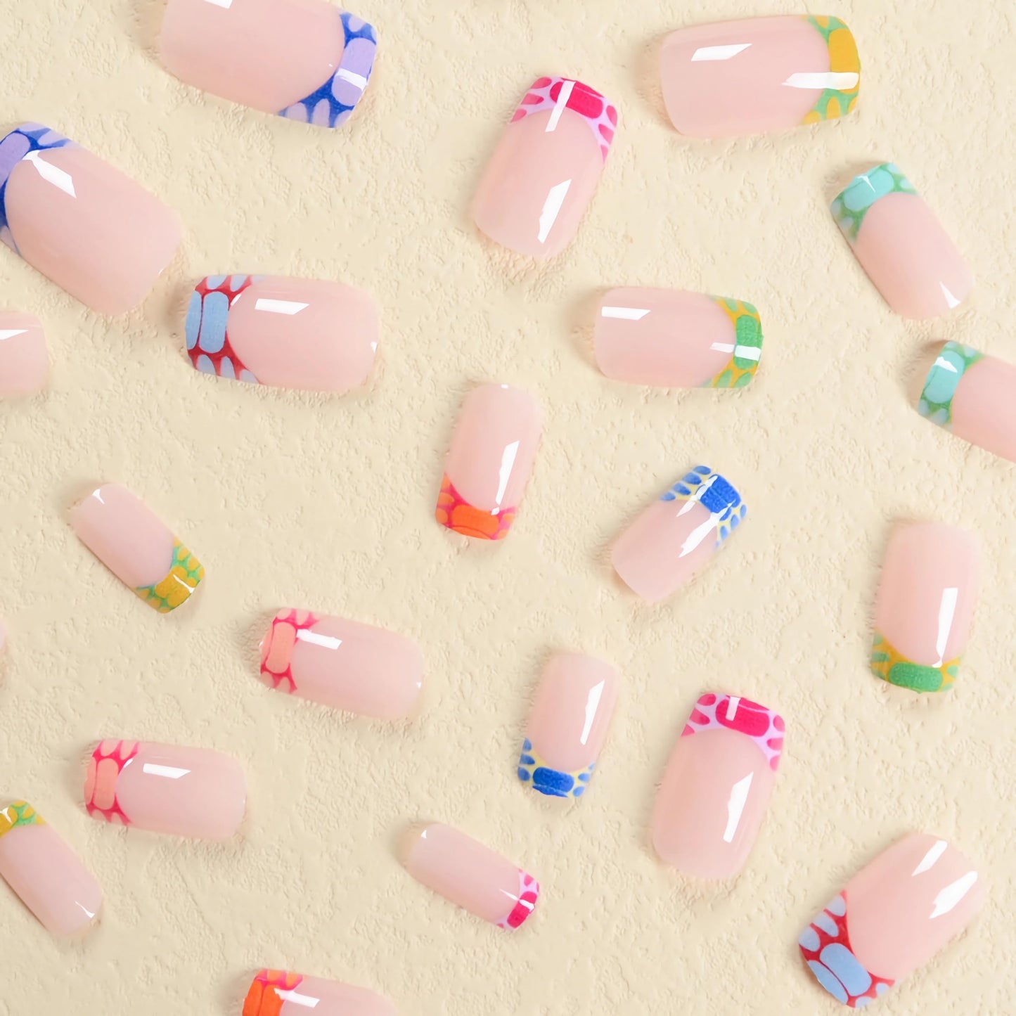 BABALAL French Tip Press on Nails Medium Square Fake Nails Colorful Glue ons Nails Crocodile Pattern Design Acrylic Nails 24Pcs Squoval Full Cover False Nails