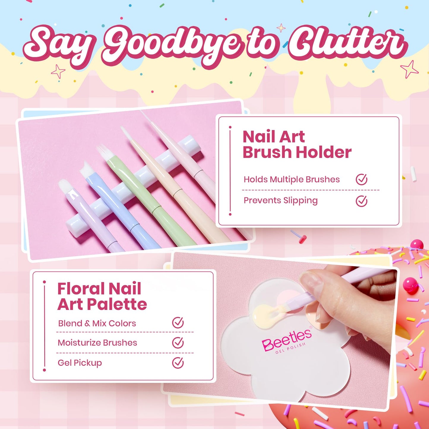 Beetles Spring Nail Art Brushes 6pcs – Sweet Swirl Nail Art Tools Liner Brushes for Nails Dotting Tool Gradient French Manicure Design Pen with Floral Palette, Brush Holder, DIY Gift for Women