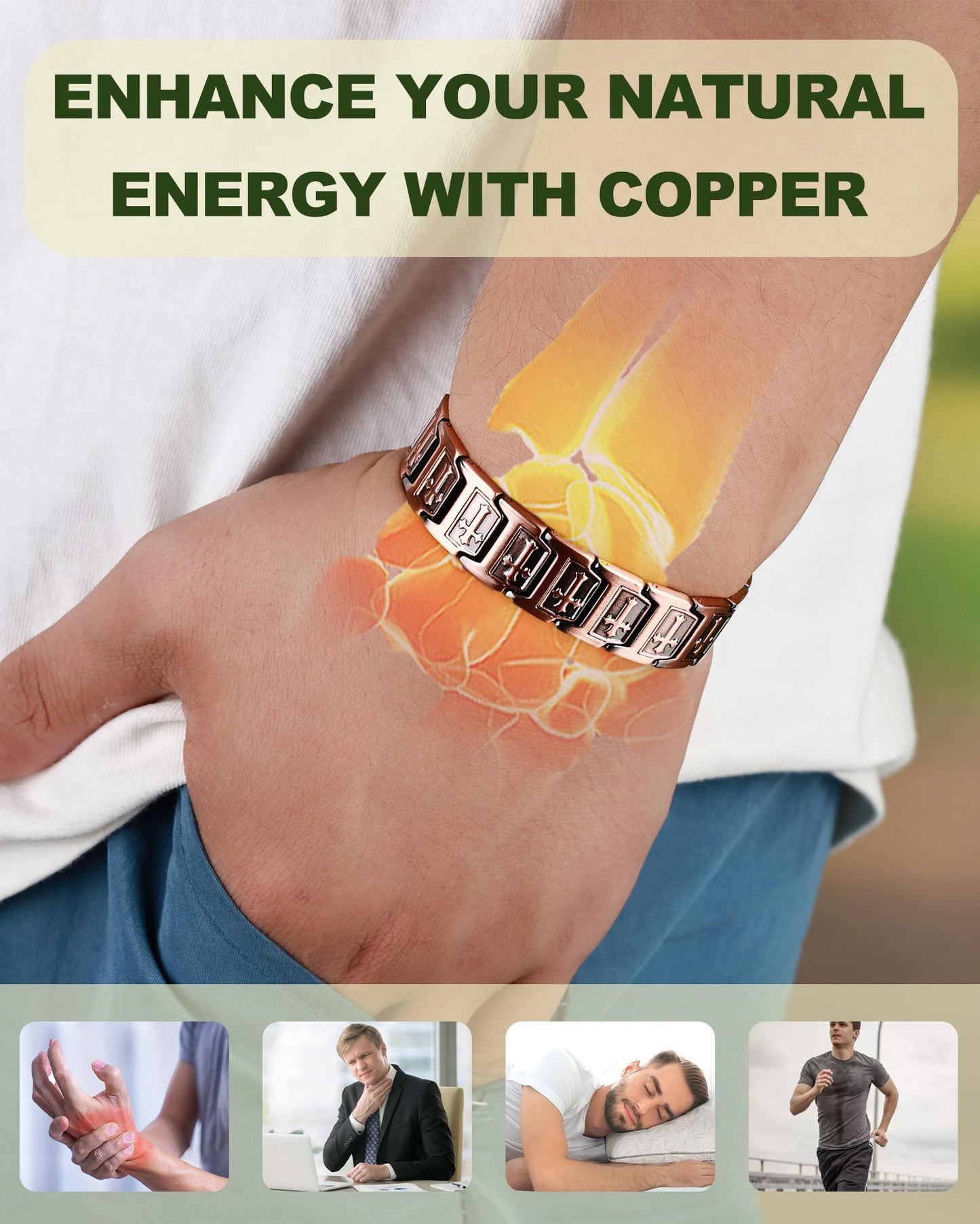 MagEnergy Copper Bracelet for Men, Cross Copper Magnetic Bracelet with Ultra Strength Magnets, Adjustable Link Jewelry Box Gift (Sizing Tool)