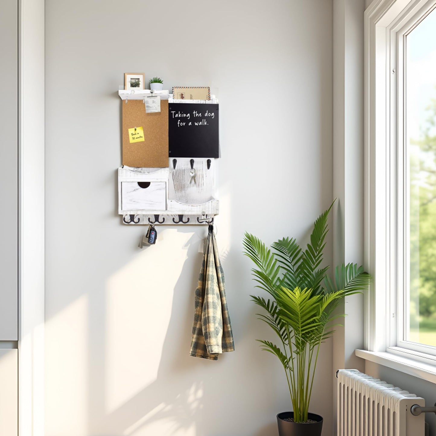 HEKOOLA Key Holder Wall Mount， Mail Organizer Key Holder for Wall with Shelf, Drawer, Chalkboard, Corkboard, Home Decor Wall Mounted for Room Entryway(Whitewashed)