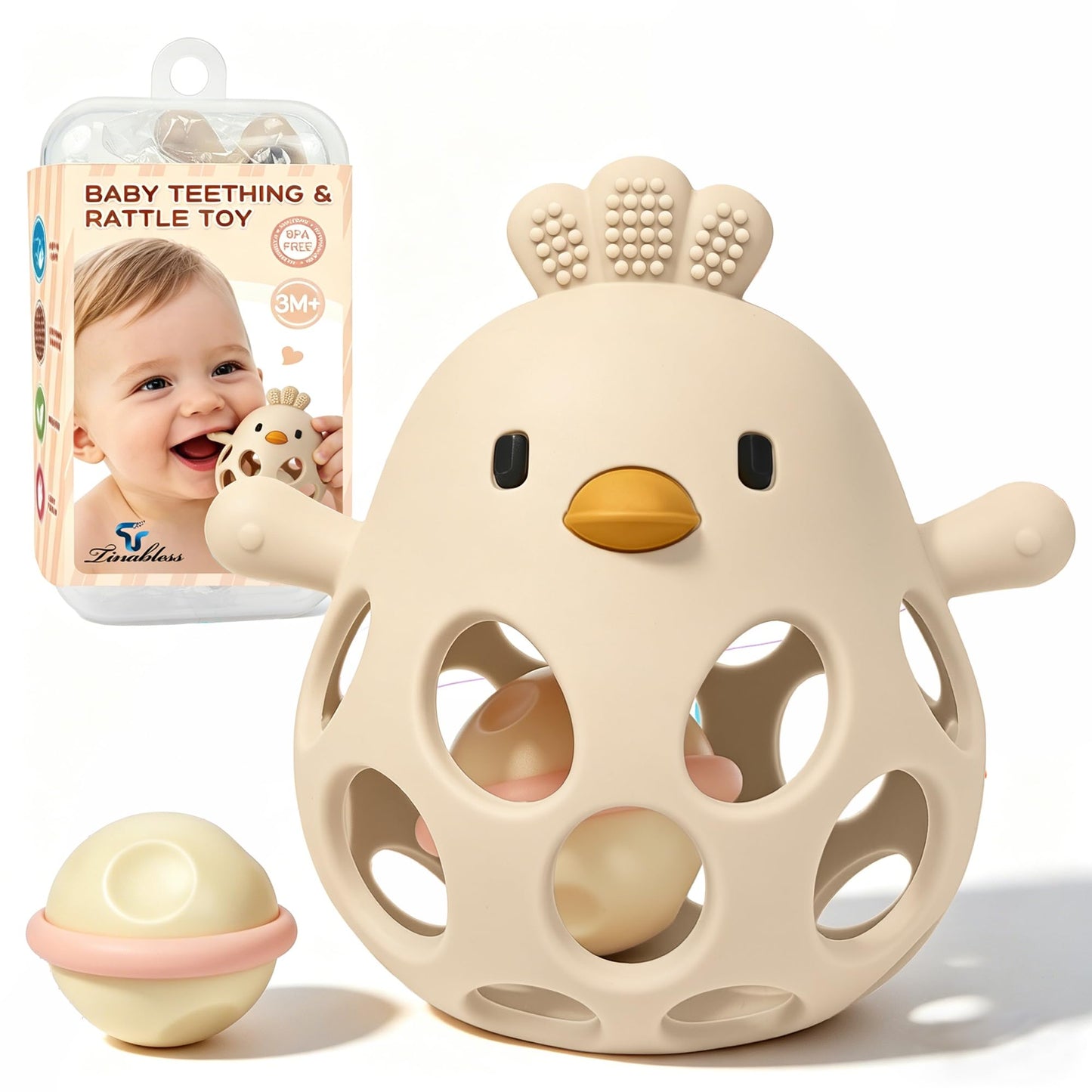 Tinabless 2-in-1 Baby Teether Rattle Toy, Easy Grip Silicone Teething Toy for Babies 3-12 Months, BPA-Free Sensory Chew Toy for Sore Gums, Infant Shower Gift (Beige w/Rattle)