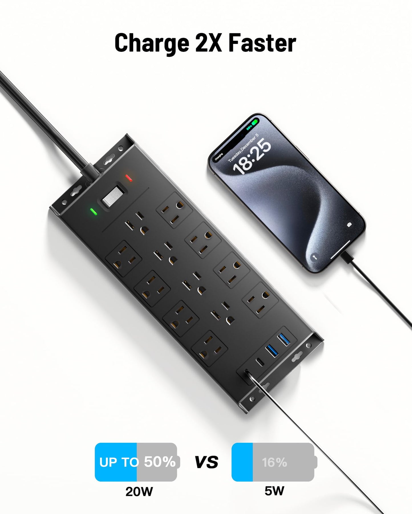 Surge Protector Power Strip 4800J, LeZone 10Ft Long Extension Cord Flat Plug, 12 Outlets 2 USB C 2 USB Ports, Wall Mountable, 20W Desk Charging Station, Black