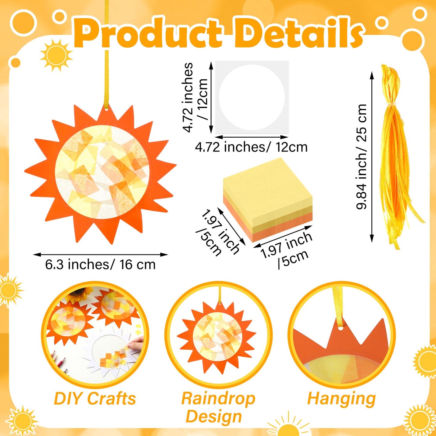 Colarr 24 Sets Sun Crafts Gold Sun Tissue Paper Crafts Kits DIY Summer Hanging Ornaments Suncatcher for Summer Home School Classroom Party Decoration Art Activity