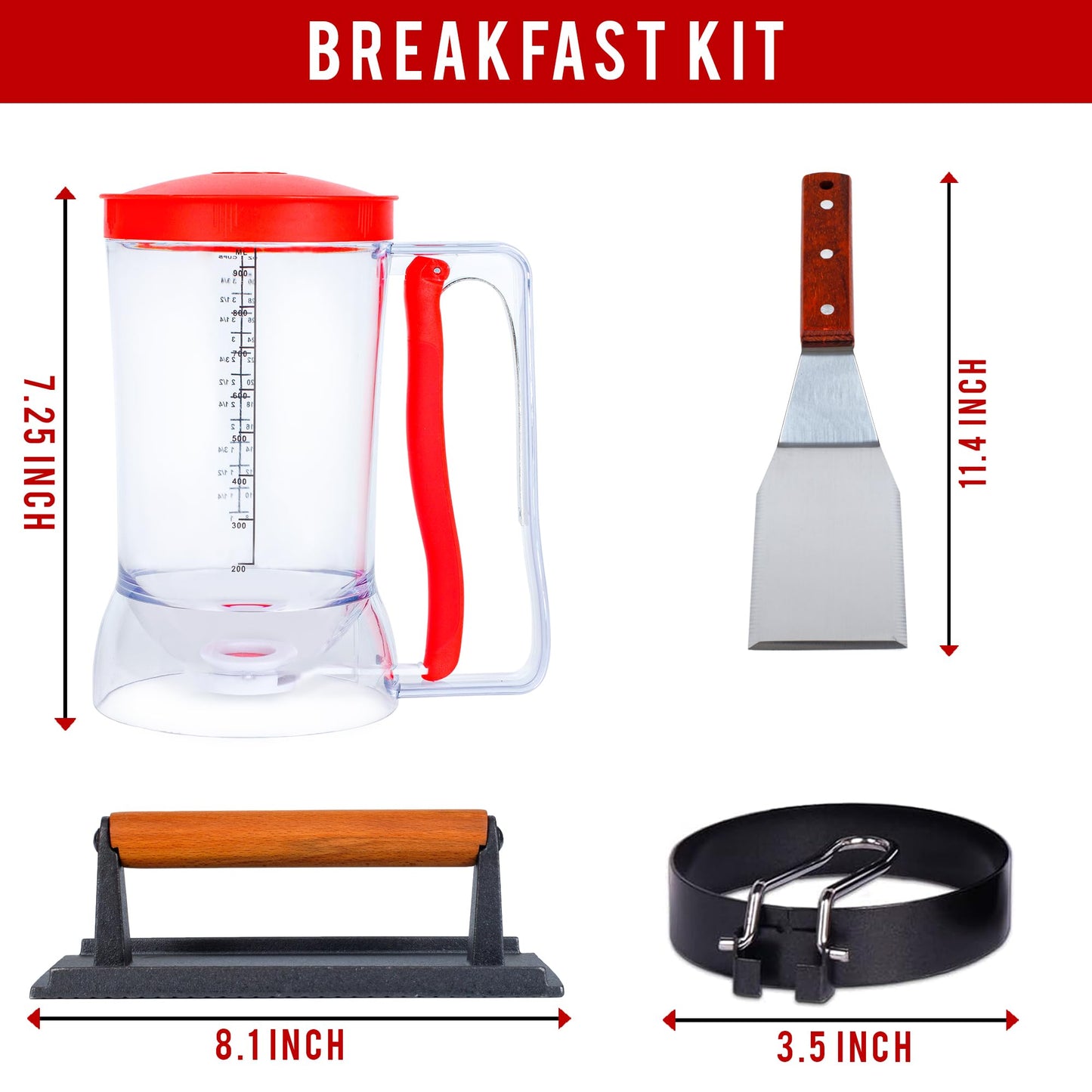 Eggssentials Griddle Breakfast Kit Compatible with Blackstone Griddle, Pancake Batter Dispenser, Bacon Press, 4 Egg Rings & Stainless Steel Spatula - Best for Indoor-Outdoor Cooking.