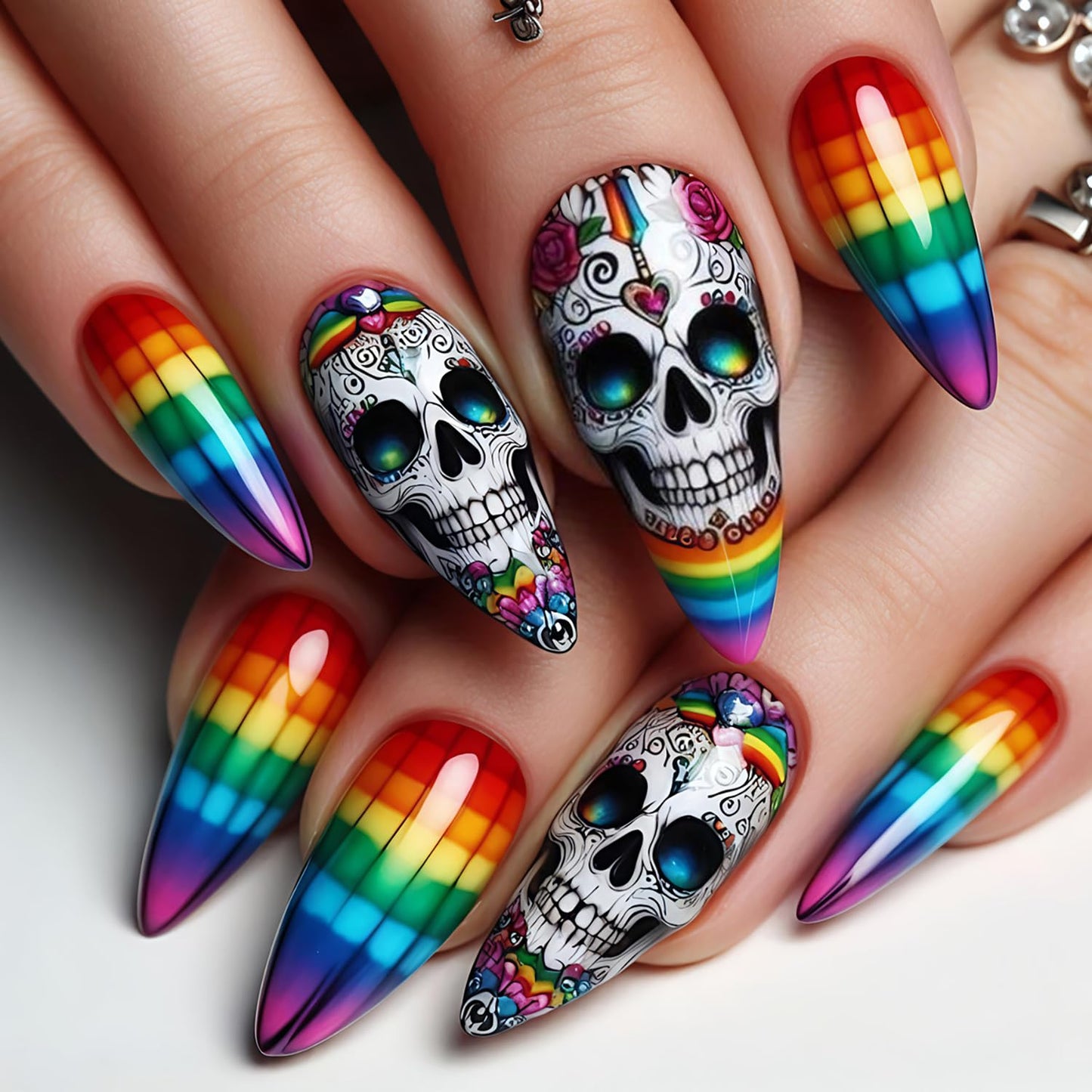 24Pcs Halloween Skull Press on Nails Long Colorful Grid Flower Skull Pattern Design Halloween Nail Full Cover Glossy Artificial Acrylic False Nail French Almond Tip Medium Glue on Nails for Women