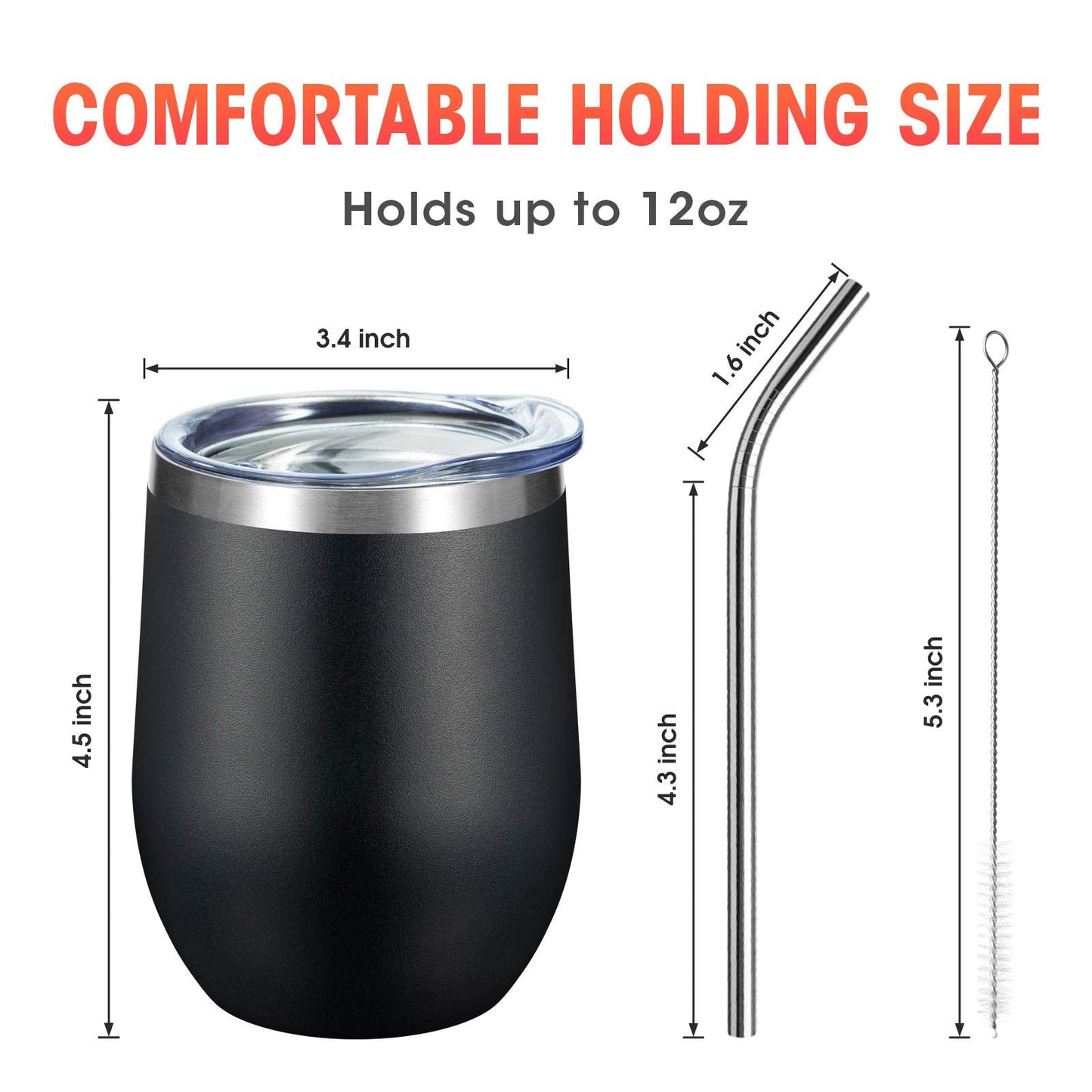 COMOOO 12oz Stainless Steel Drinking Cup - Bulk with Lid and Straw, Double Wall Vacuum Insulated, for Hot and Cold Drinks, Coffee, Cocktails, Black, 8 Pack