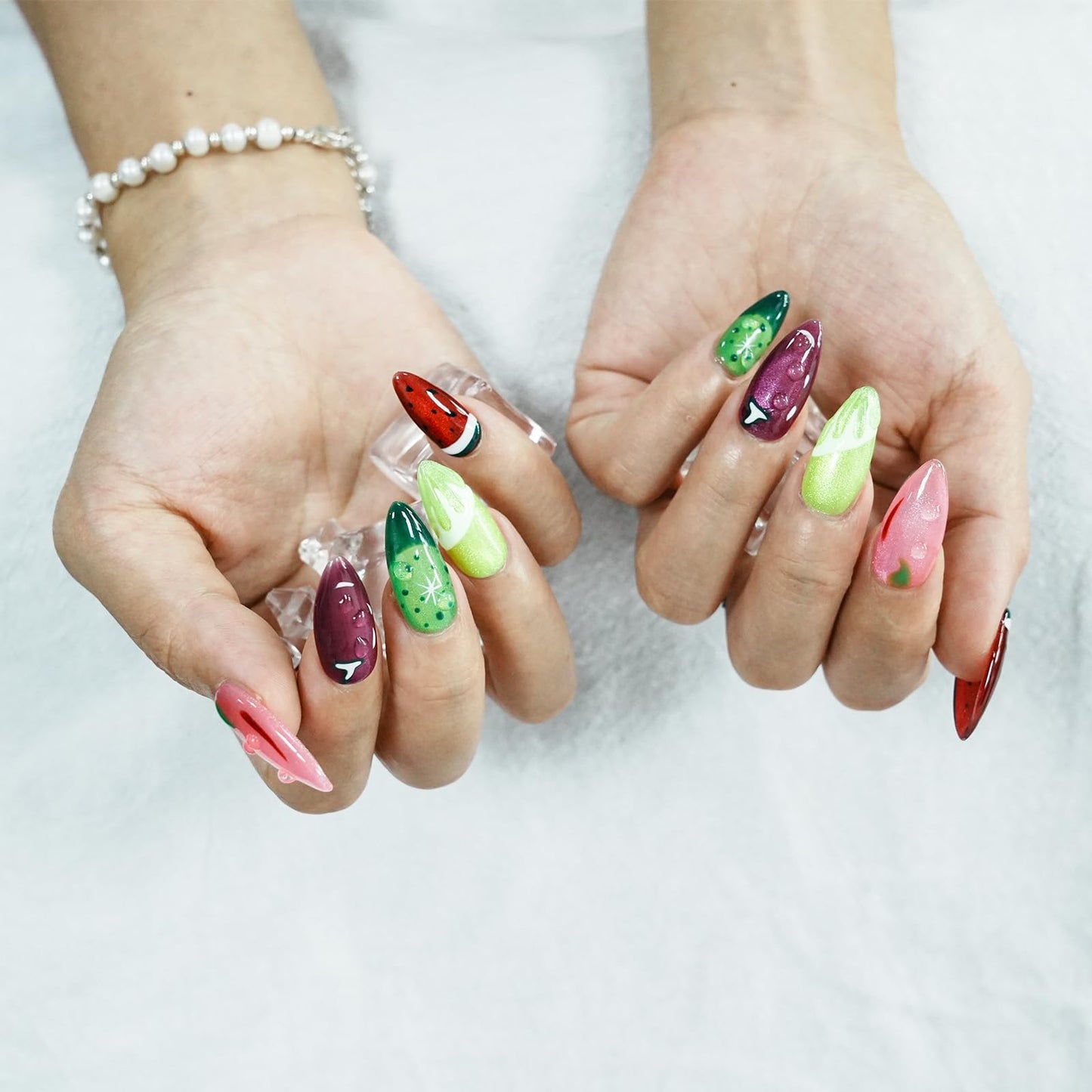 Tesytto Cat Eye Press on Nails Medium Almond - Fruit Design with Hand-painted Watermelon & Lemon, 3D Water Drop Cute Edgy Style, Thick Acrylic Multi-Layer Gel False Nails for Summer (Fruit Party, M)