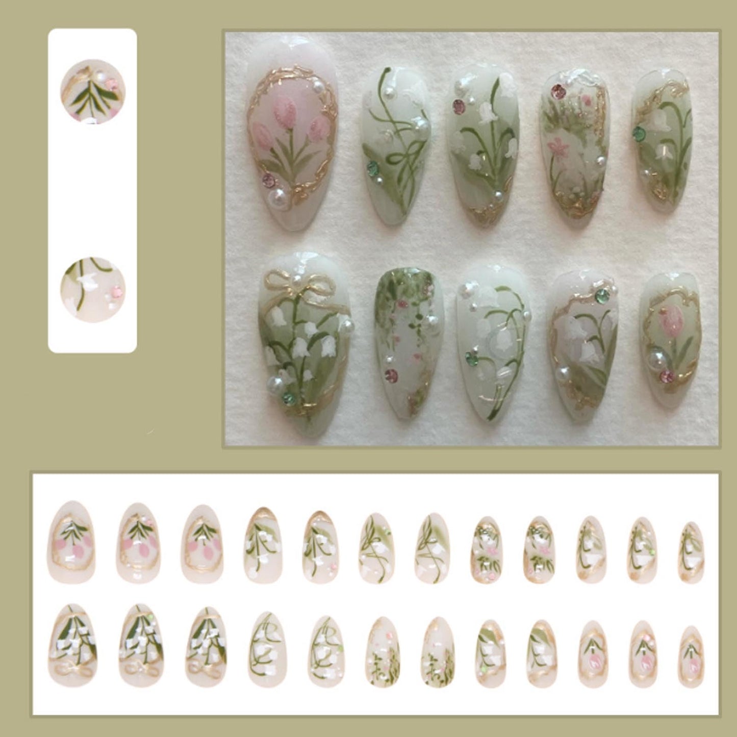 Hkanlre Almond Fake Nude Nails Tips Full Cover False Medium Nails Summer Flower Press on Nails for Women 24PCS