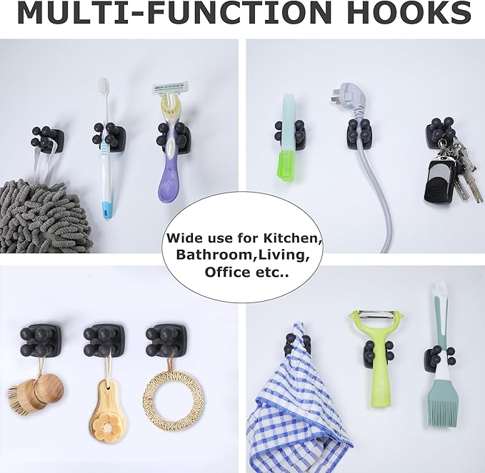 Silicone Toothbrush Holder Multi-Function Hook Waterproof self Adhesive Single Toothbrush Hook Plug Holder for Wall for Hanging Bathroom Kitchen Living Room Office (Square-Black)