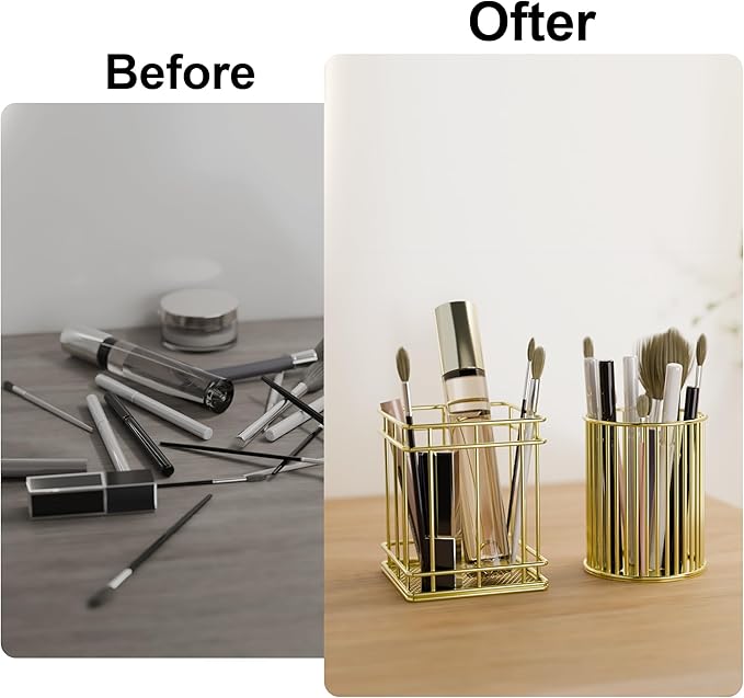 Makeup Holder - Cosmetic Brushes Storage Holder, Makeup Brush Organizer for Dressing Table, Gold, 2 Pack.