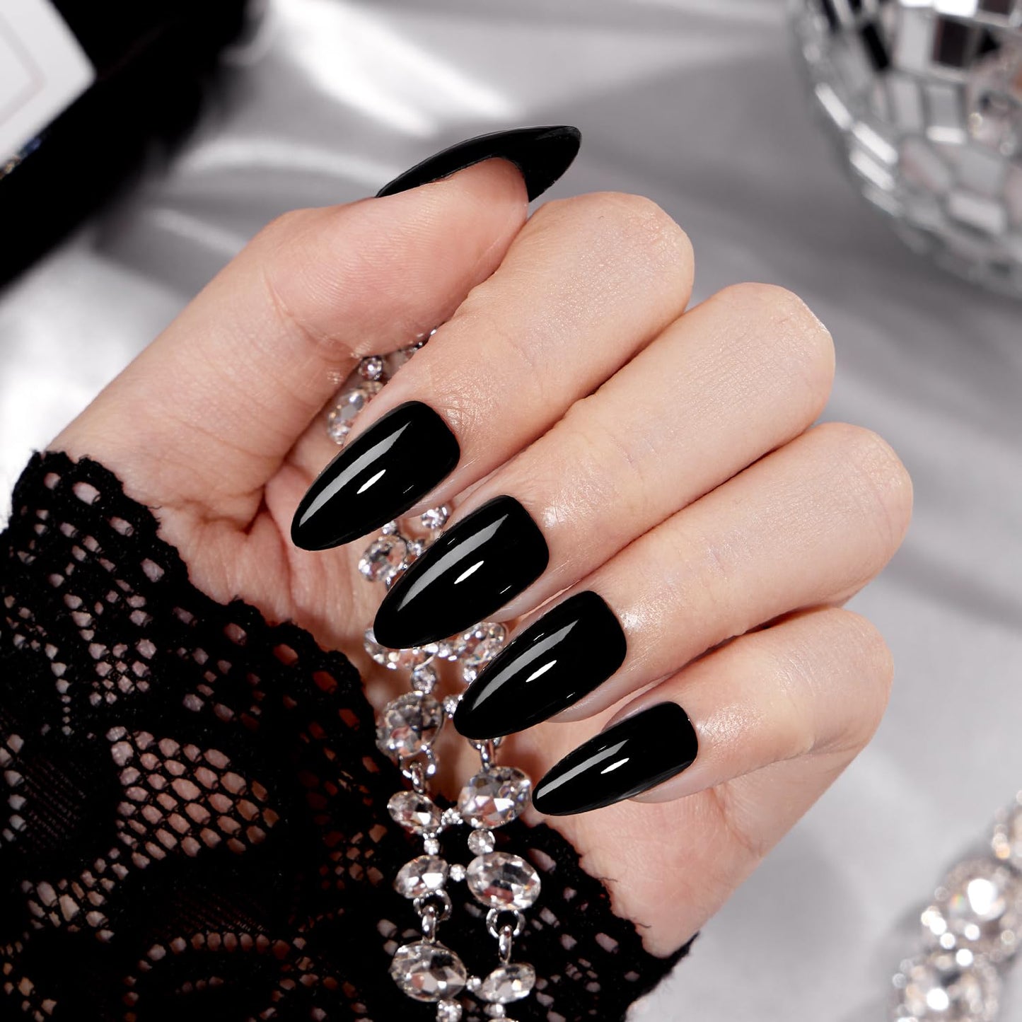 VSALON Almond Medium Press on Nails, Glossy Black Finish Clean Look Reusable False Nails, Salon Quality Gel Fake Nails Kit with Glue & Cuticle Oil - 32 pcs Nails in 16 Sizes