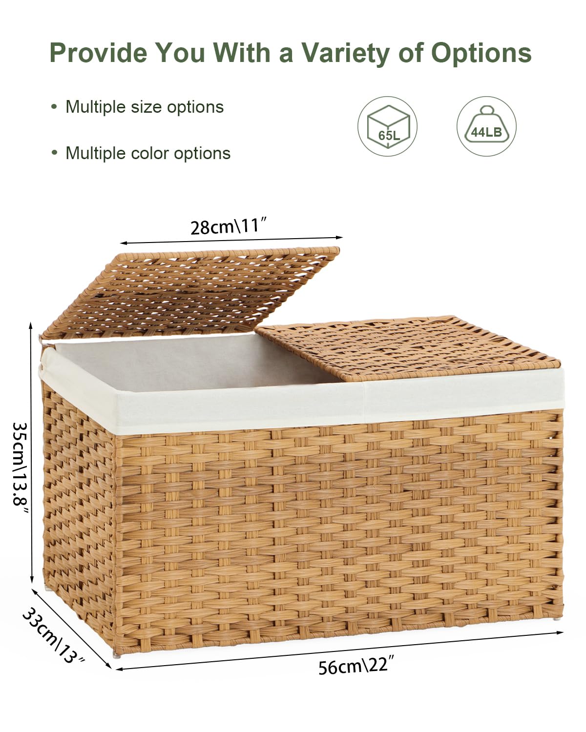 SETVSON Storage Basket with Lid Rattan Woven Storage Baskets with 2 Separate Lids, 17.2 Gallon (65 L), 22 x 13 x 13.8 Inches,Foldable, 2 Removable Liner Bags Handles for Bedroom, Laundry Room Natural