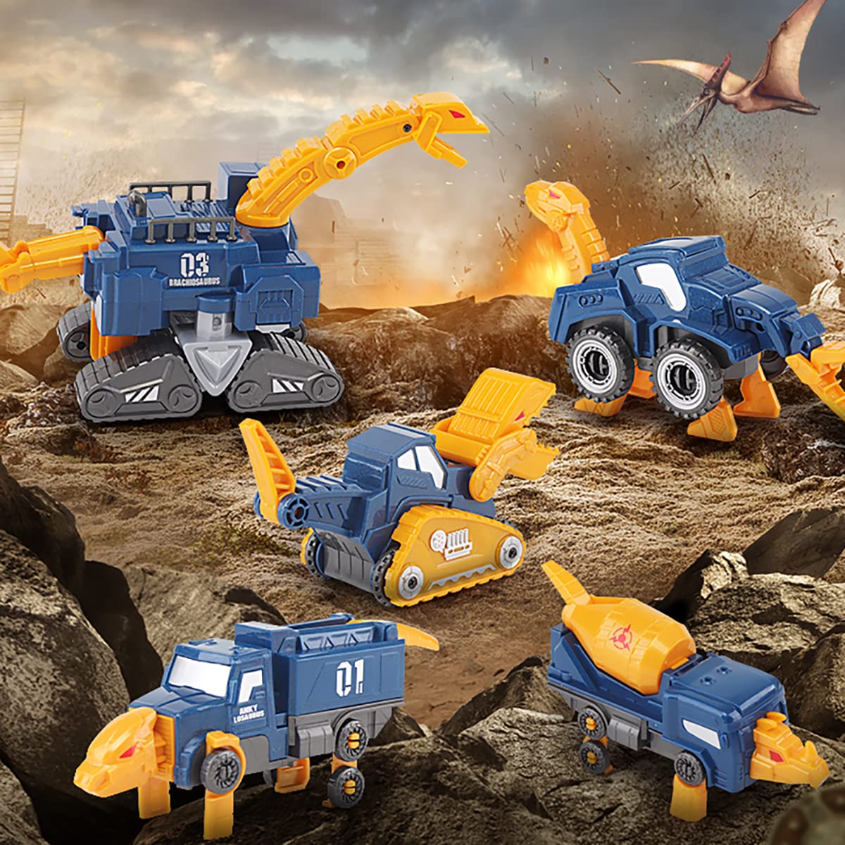 Fuzzy Pixie Toddler Construction Car Transform Set, 5pcs Dinosaur Rescue Robot with Magnetic Connectors, Assemble Building Trucks DIY STEM Toy, Birthday Present for Kids Boy Girl 3 4 5 6 7 Year
