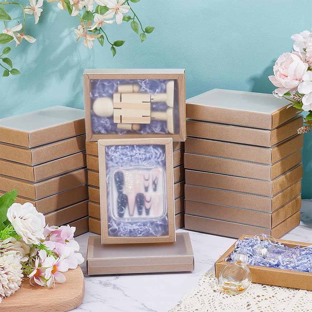 BENECREAT 30 Set Brown Kraft Drawer Gift Box, Paper Storage Organizers with Translucent Plastic Sliding Lid for Wedding Favors, DIY Crafts, Small Item Display, 7.17x5.12x1.8inch