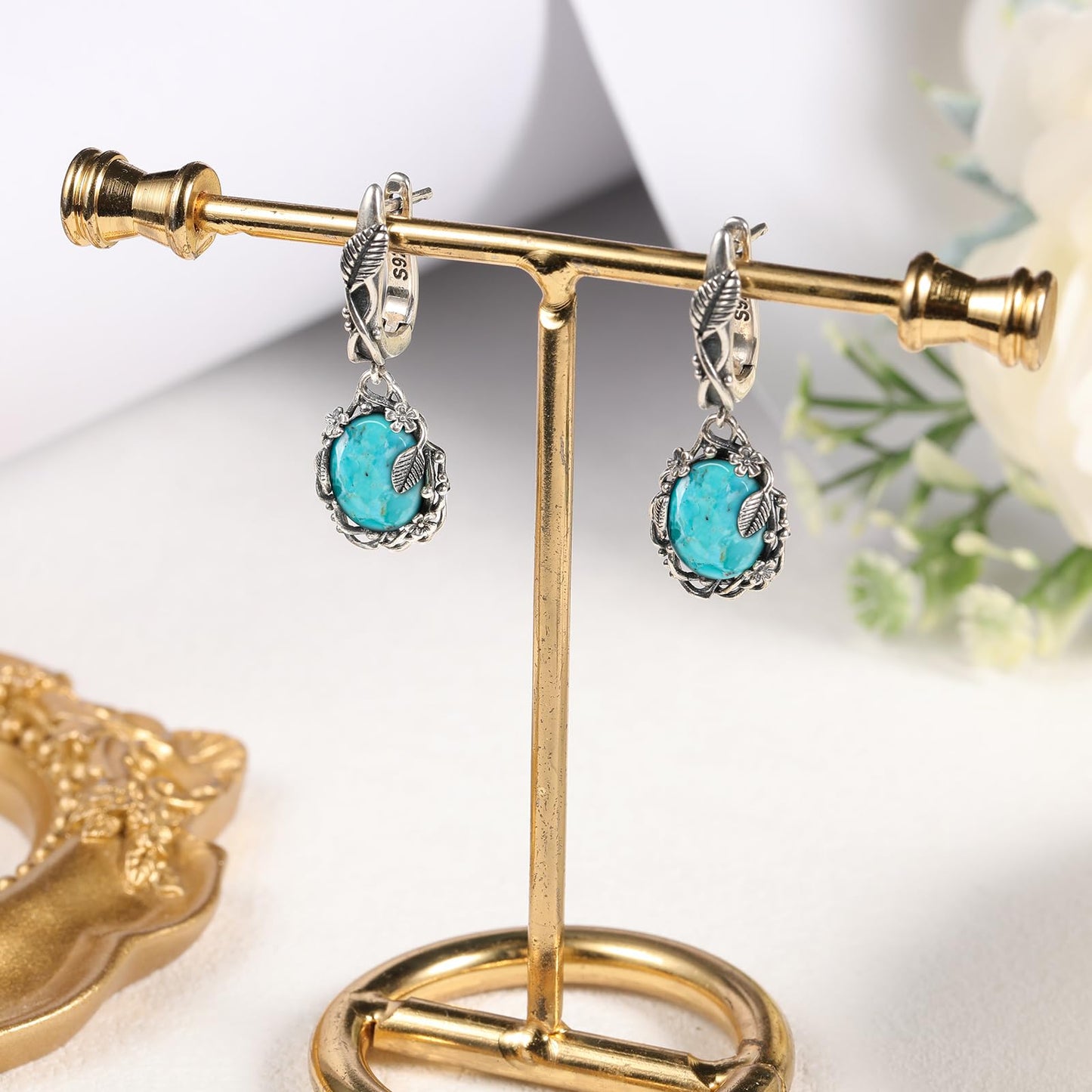 Phyonio Western Blue Oval Turquoise Dangle Earrings for Women Leaf Vine Flower Latch Back 925 Sterling Silver Earring Vintage Oxidised Boho Jewelry Valentines Day Gift for Wife
