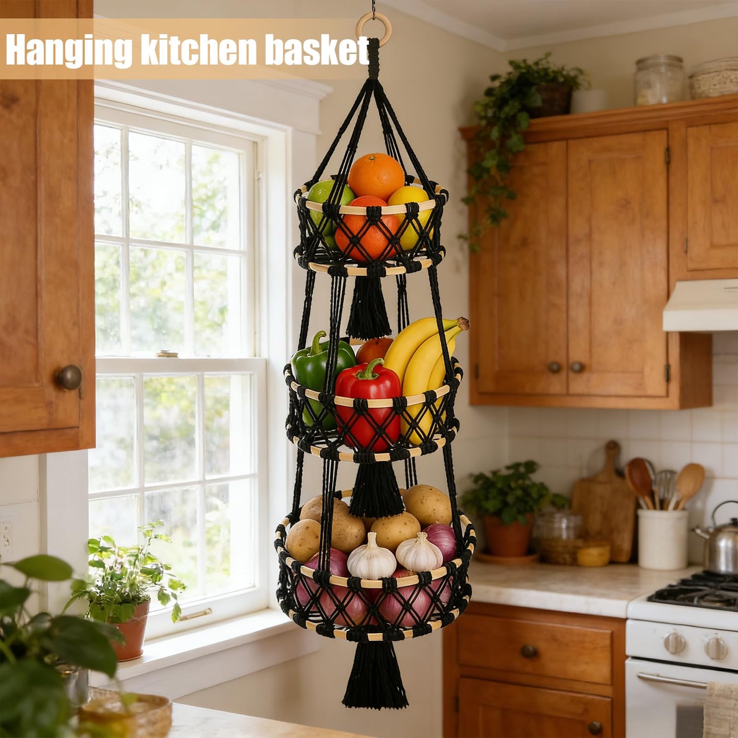 Halidali 3 Tier Hanging Fruit Baskets for Kitchen, Macrame Plant Hanger Cotton Rope Handwoven Hammock Produce Storage Organizer Basket for Plants Holder, Vegetable, Onion, Potato (Black)