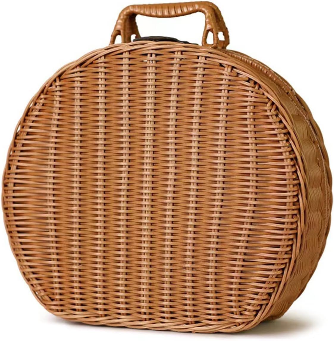 Vintage Rattan Basket, Round Woven Picnic Basket Purse with Handle Small Suitcase Retro Weaving Vine Weaving Carrying Case Gift Box for Beach, Travel & Daily Use. (M)