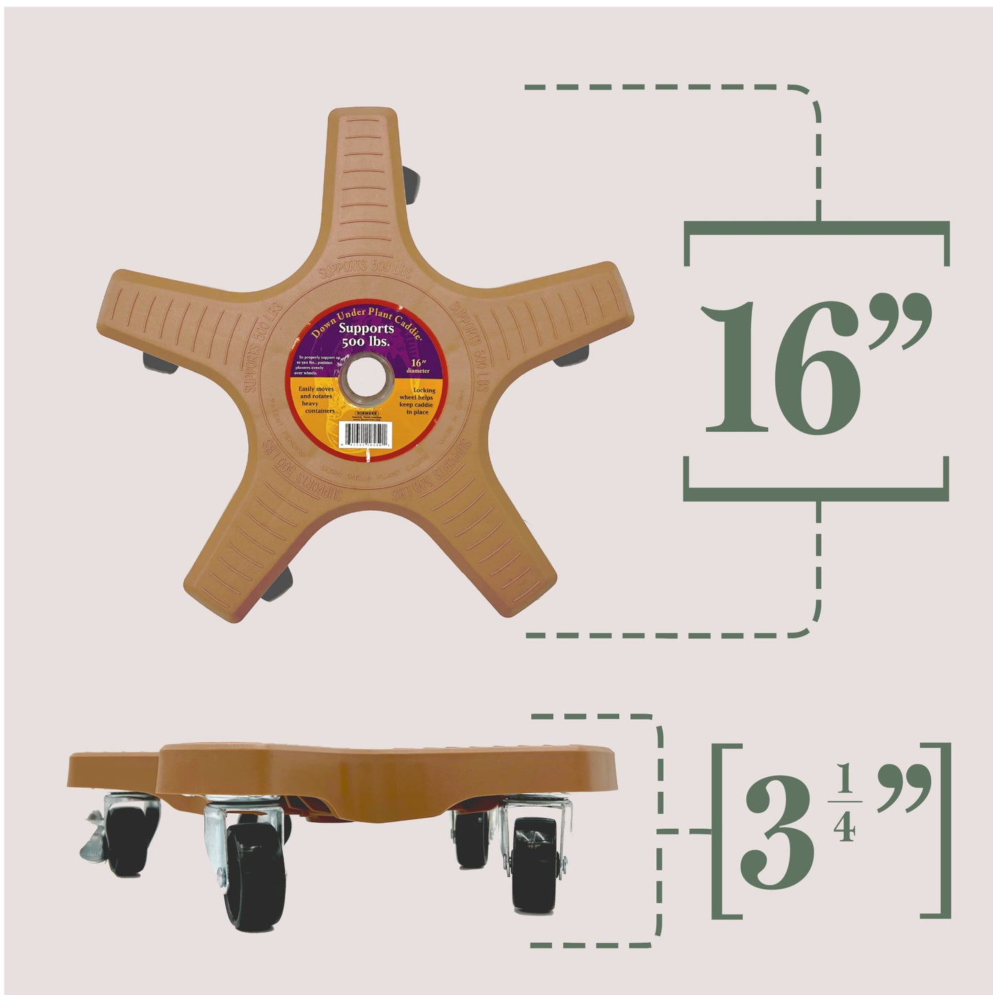 Bosmere 16" Plant Caddie - Heavy-Duty Rolling Plant Stand with Locking Wheels, 500 lb Capacity – Durable Plant Caddy for Indoor/Outdoor Use, Adobe