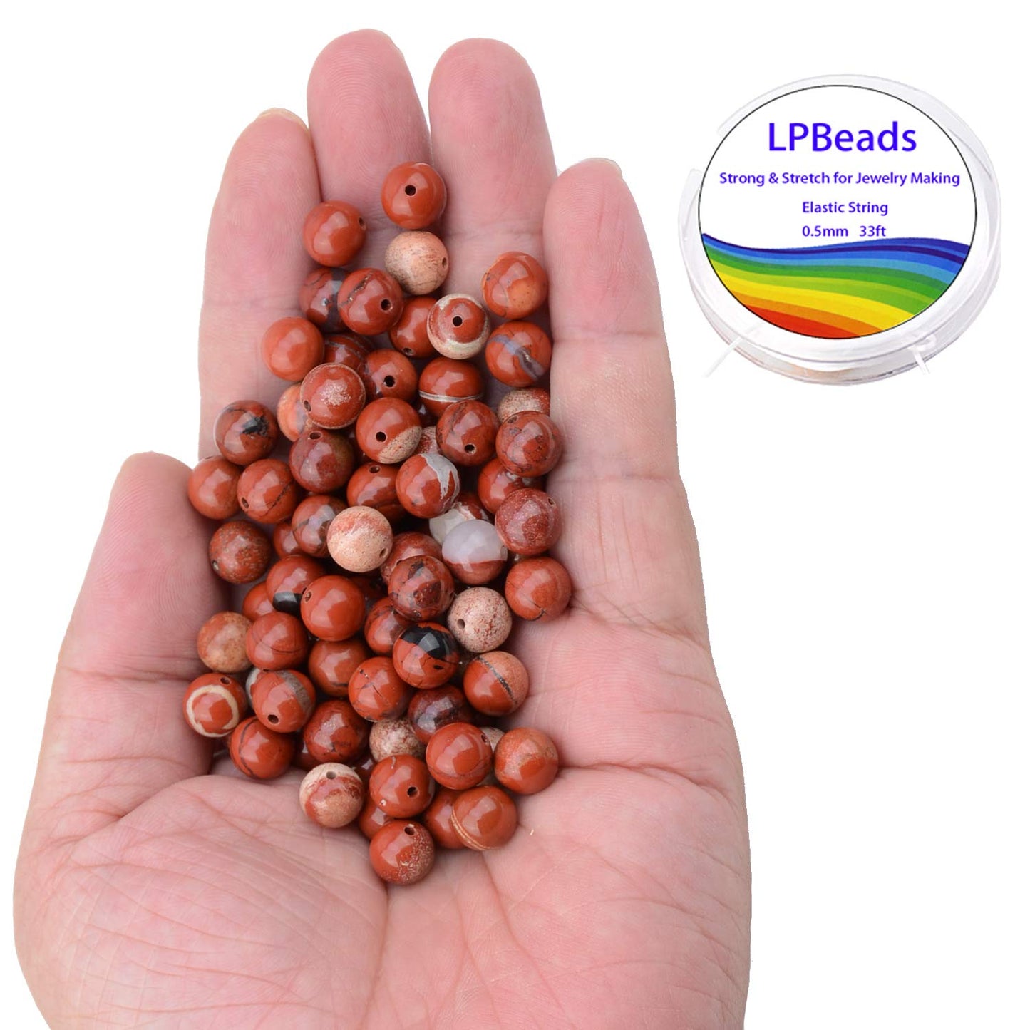 LPBeads 100PCS 8mm Natural Red Jasper Gemstone Round Loose Beads for Jewelry Making with Crystal Stretch Cord