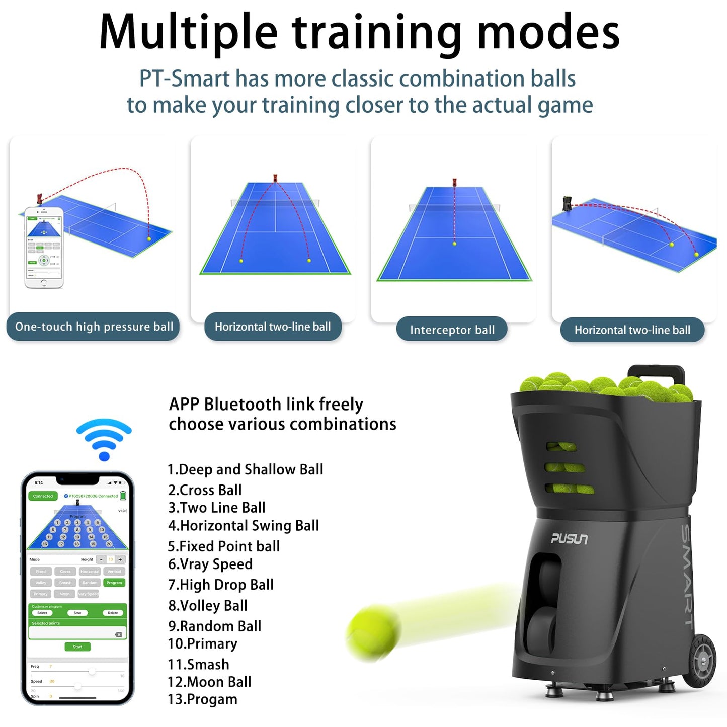PUSUN PT-Smart Tennis Ball Machine with APP, Remote & for Apple Watch Control, 12 Training Modes, 20 Landing Points, 12–75 MPH Speed, 100+ Ball Capacity, Portable Tennis Ball Launcher