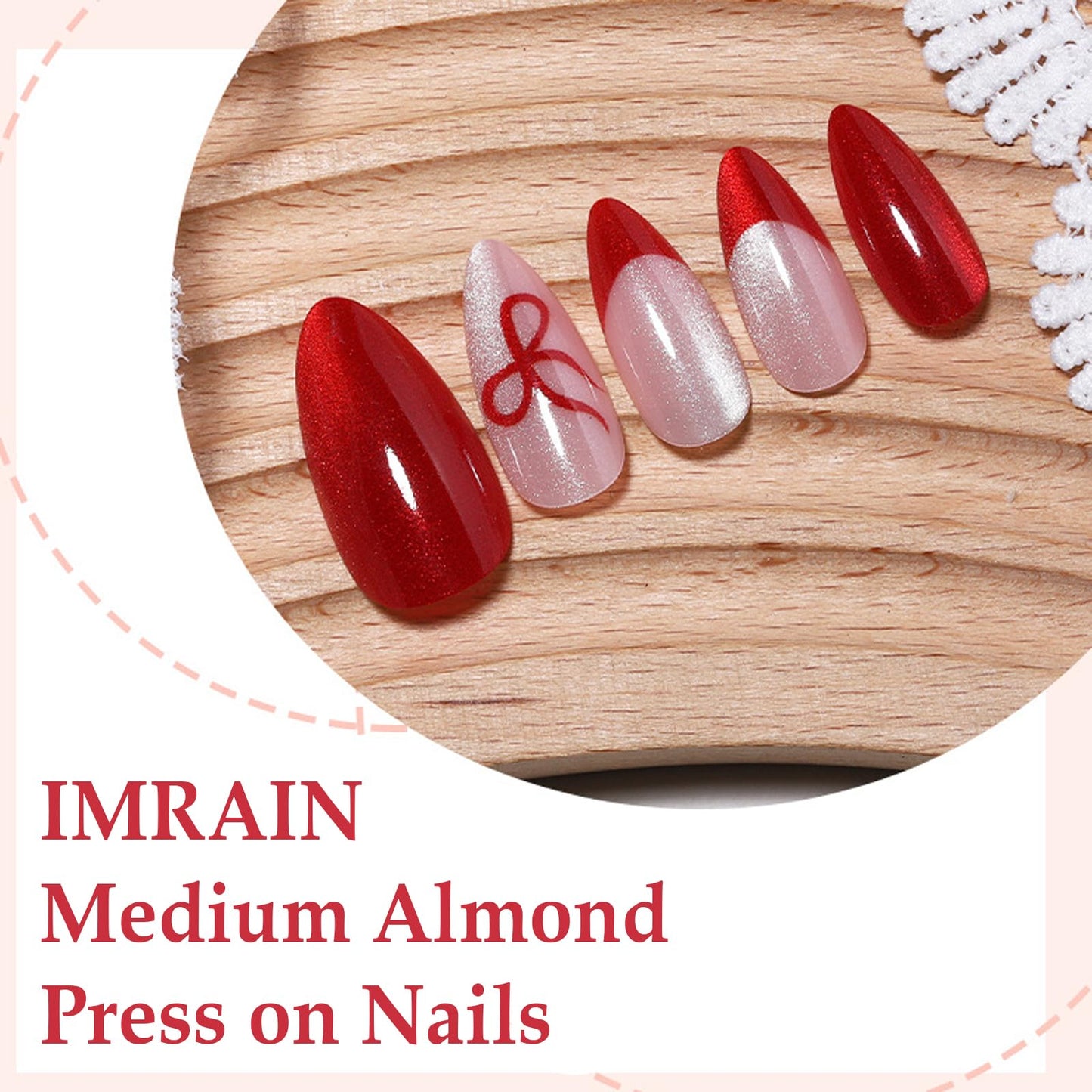 IMRAIN Press on Nails Red French Tip Fake Nails Medium Almond False Nails - Cat's Eye, Bow Designs Reusable Acrylic Artificial Glue on Nails 24Pcs DIY Manicure Decor