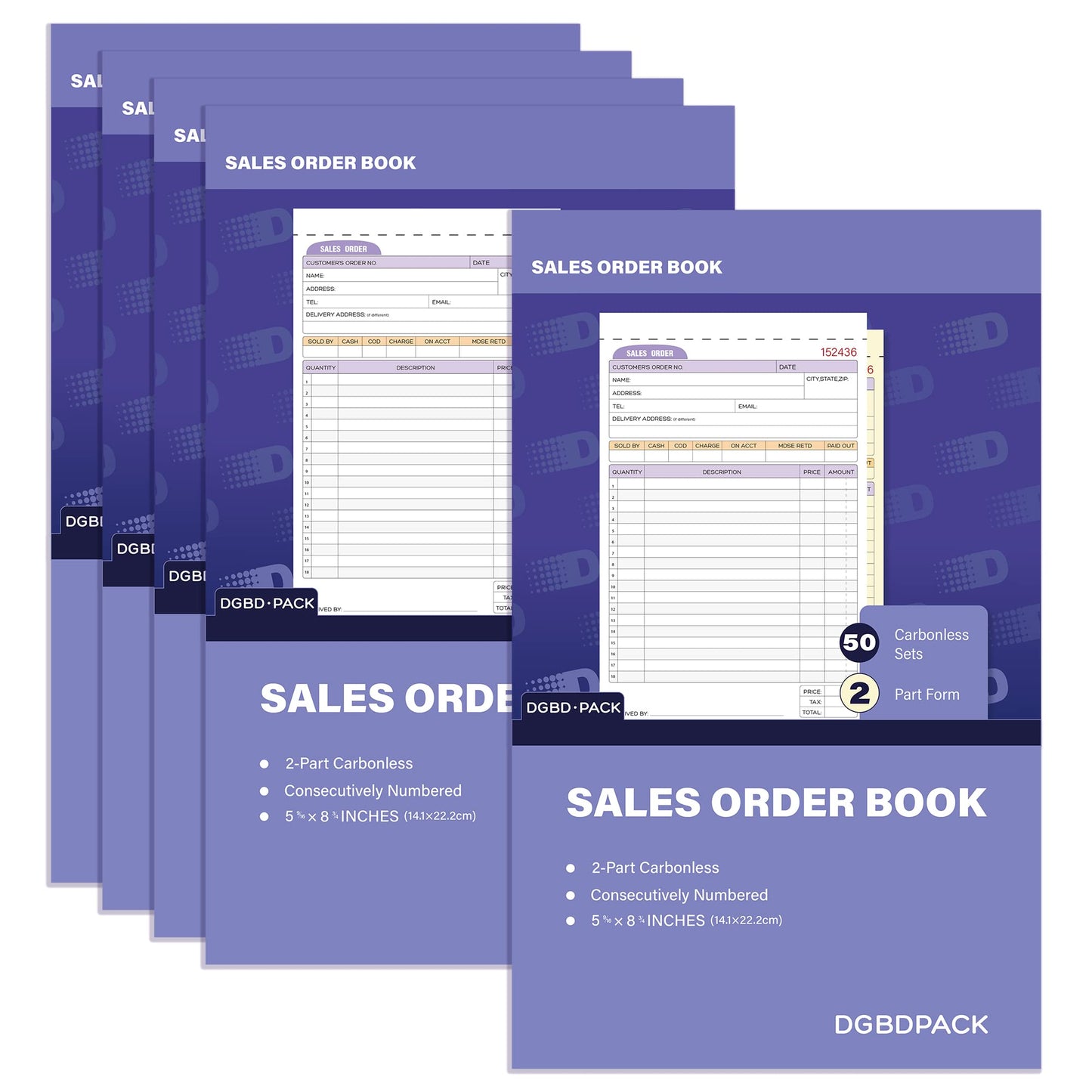 DGBDPACK Sales Order Book 5 Pack, 2 Part Carbonless Invoices, White/Canary, 5-9/16 x 8-3/4 Inches, Receipt Book 50 Units per Book