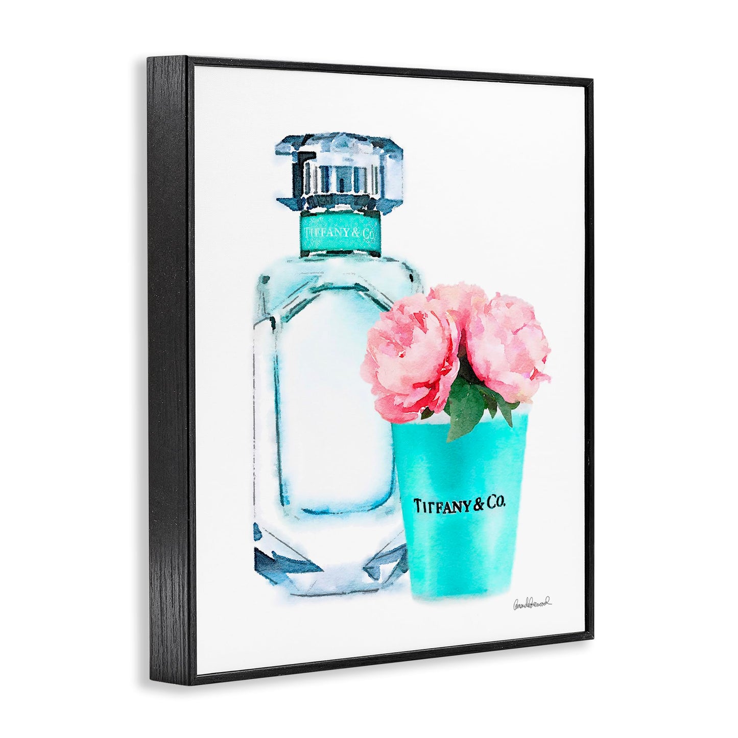 Stupell Industries 'Teal Perfume Bottle and Peonies', Framed Giclee Art, Black, 24 x 30 Inches, Easy to Hang and Sturdy, Made in USA, by Amanda Greenwood