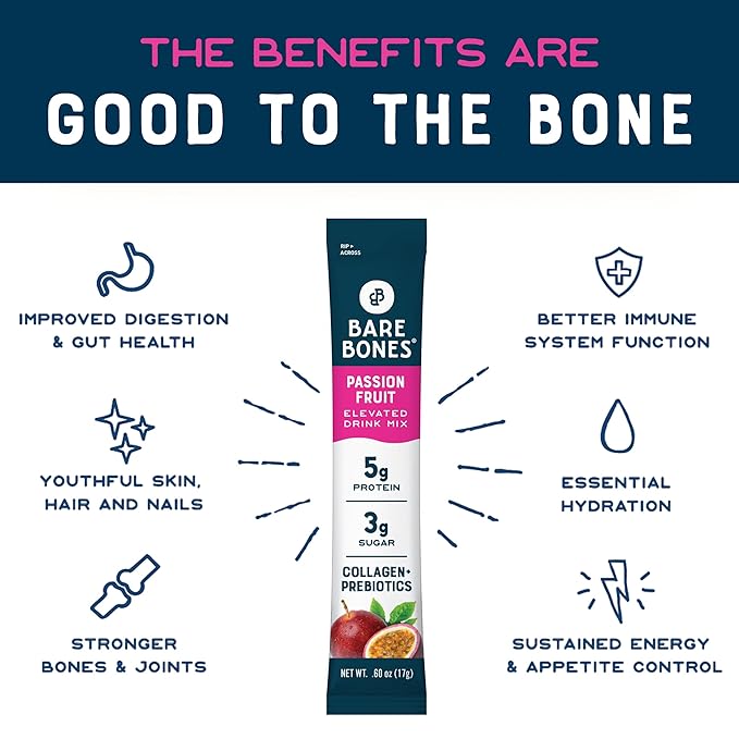 Bare Bones Passion Fruit Elevated Drink Mix | Light & Flavorful | Gluten-Free & Naturally Sweetened | On-the-Go Stick Single-Serve Packs Powdered Refreshment | 5g Protein | 16 Packets (.60 oz)
