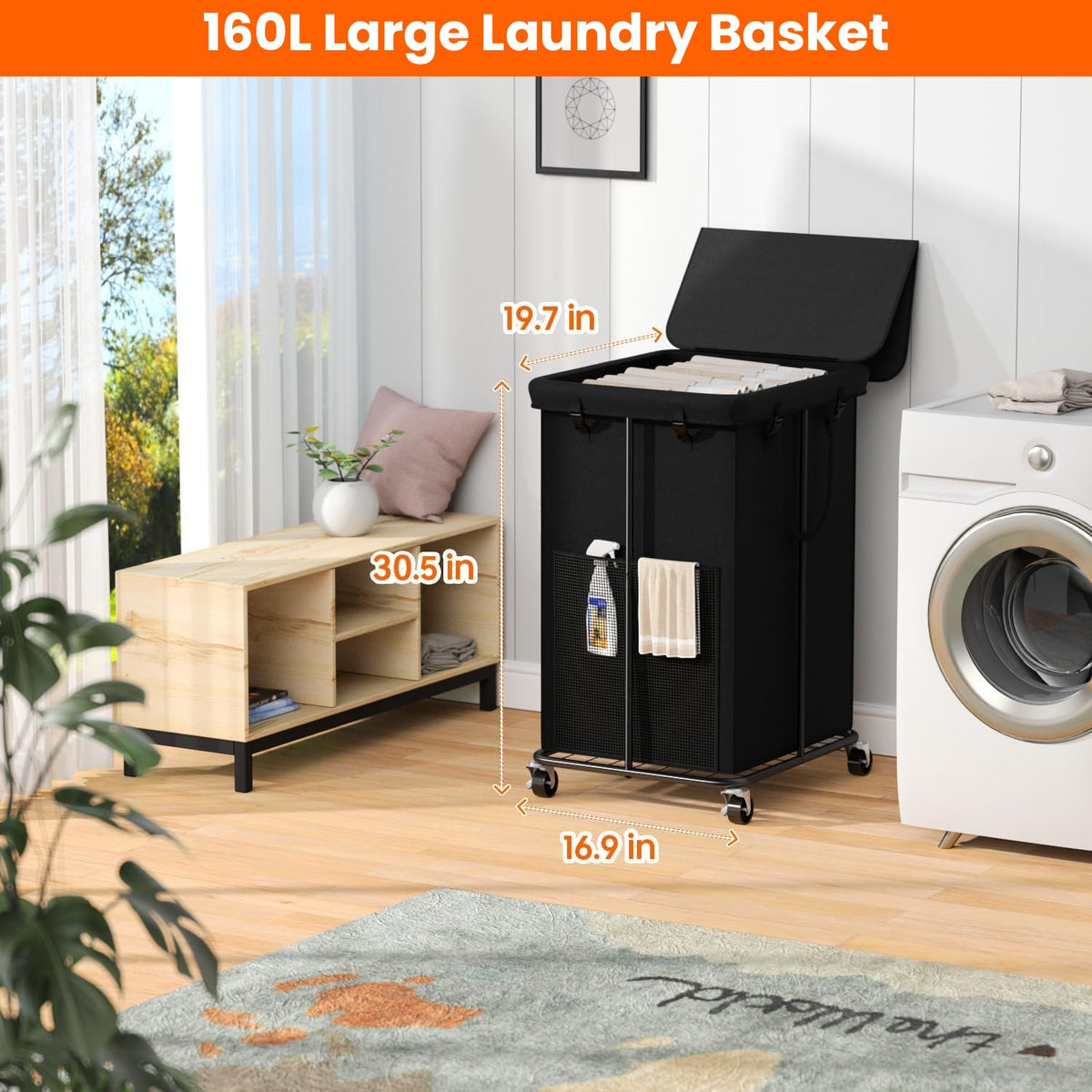 160L Laundry Hamper with Lid & Wheels