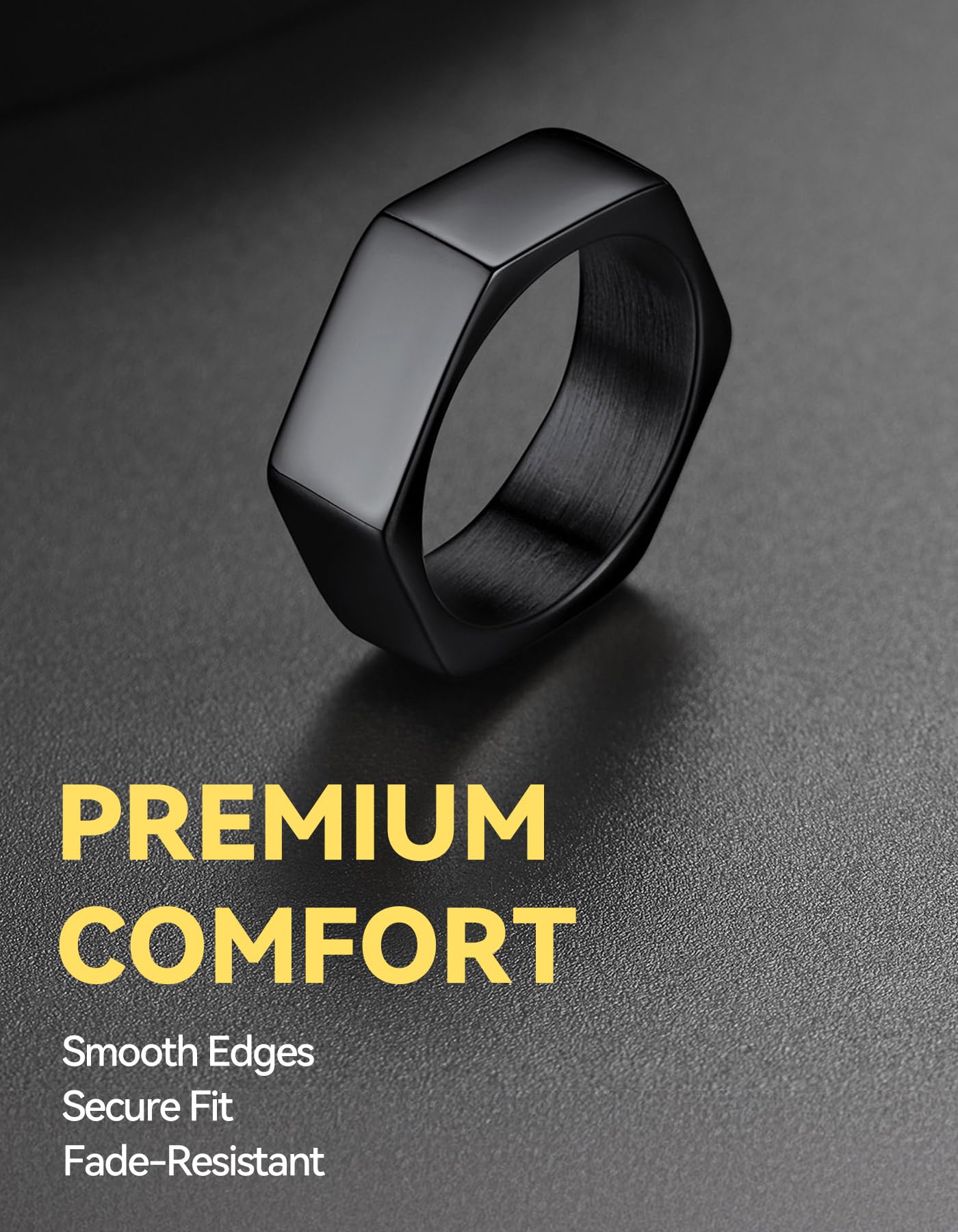 ChainsHouse Black Biker Ring Stainless Steel Jewelry Size 7 Punk Hexagon Geometric Band Rings