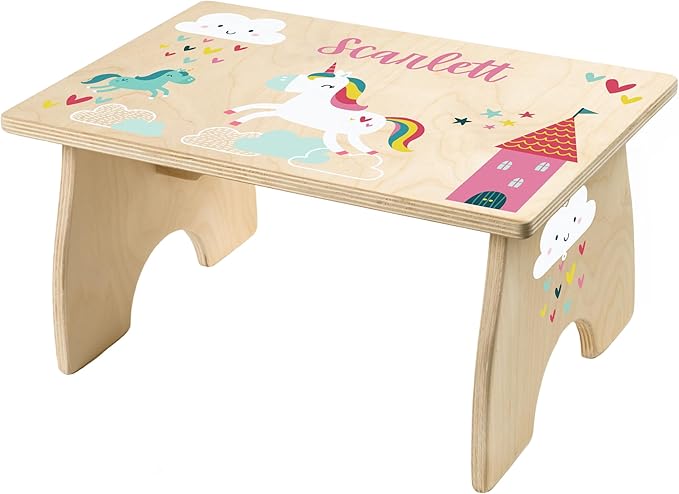 Unicorn Step Stool for Kids- Personalized Wood Toddler Step Stool with Name for Kitchen Sink, Bathroom, Potty Training, Kitchen Sink- Sturdy and Safe- Made in USA by BloomOwl (Unicorn- Doodle)