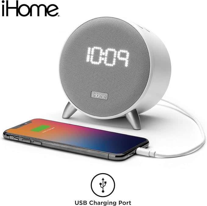 iHome Bluetooth Alarm Clock with 5W USB Charger, Dimmable LED Clock Display and Dual Alarms, Ideal for Bedroom, Home Office and Dorm Room