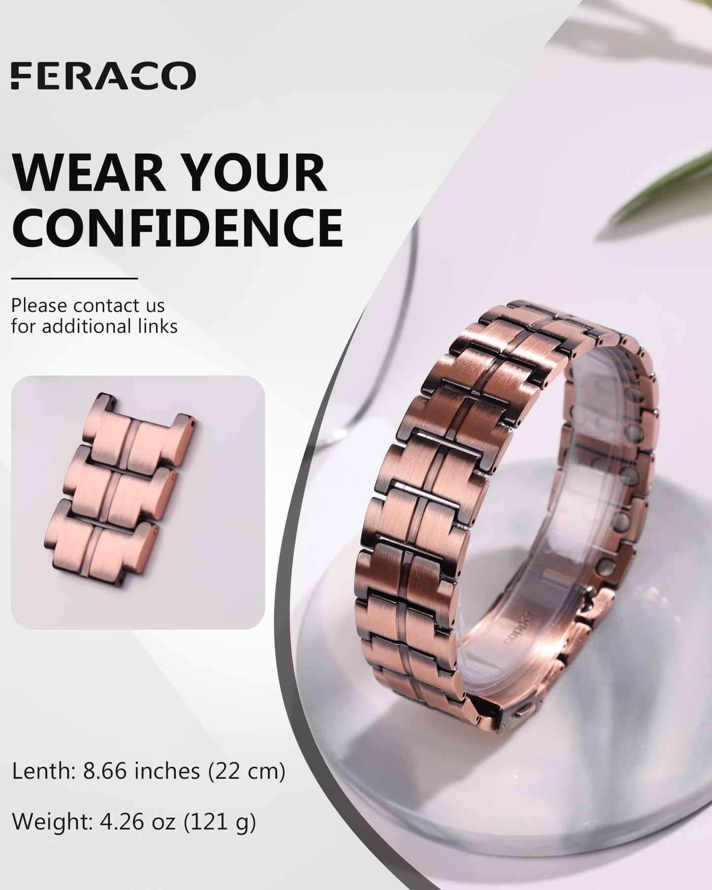 Feraco Copper Bracelet for Men 3X Strength,Magnetic Therapy Bracelet Copper Jewelry with Powerful 3800 Gauss Magnets