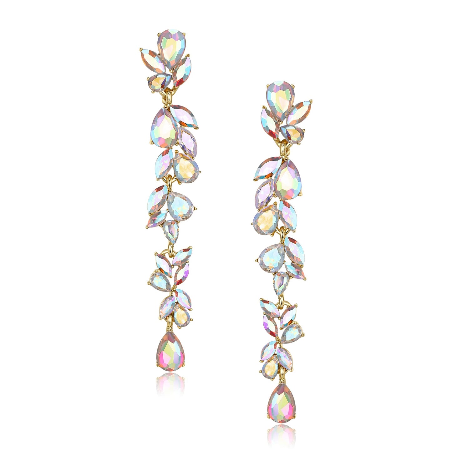 EVER FAITH Wedding Rhinestone Crystal Chandelier Earring for Women Brides, Art Deco Marquise Teardrop Bridal Long Dangle Drop Earrings for Prom Iridescent AB Gold-Plated-Base