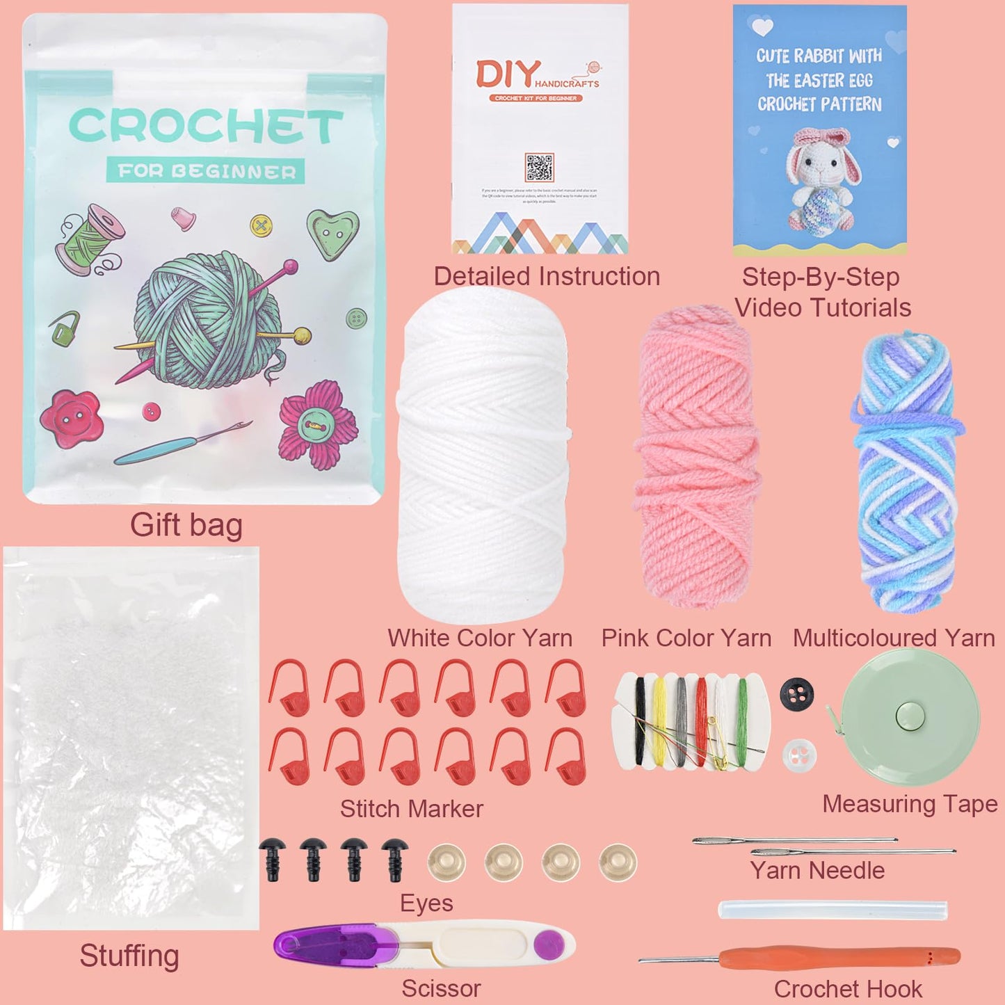 ChezMax Crochet Kit for Beginners, Easter Bunny Crochet Animal Kit with Yarn, Starter Kit with Step-by-Step Video Tutorials, Learn to Crochet Kits for Kids and Adults, DIY Knitting Craft Supplies Gift