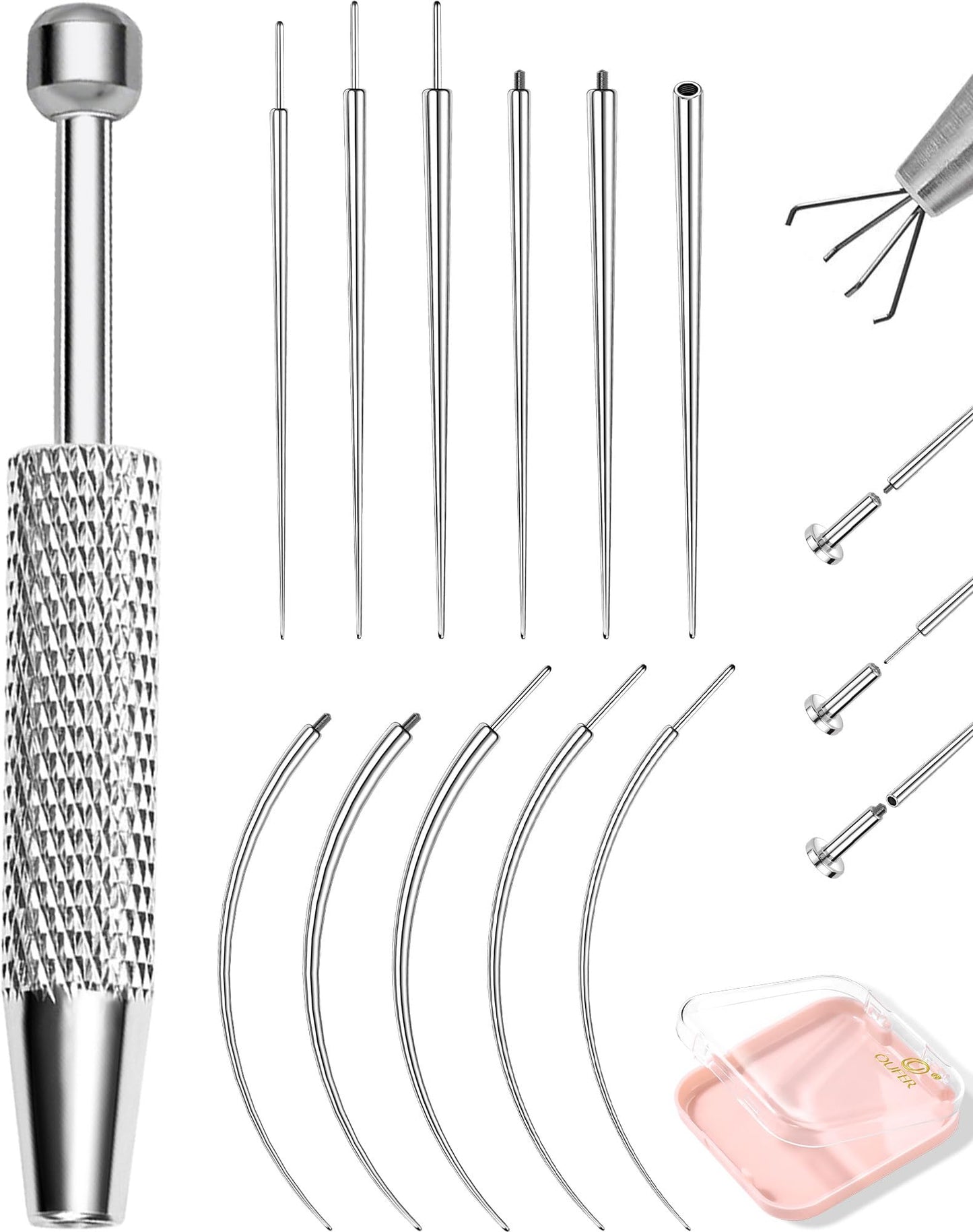 OUFER Piercing Ball Grabber, 16G/18G/20G Flat Back Earrings Piercing Guide needle Tool, Surgical Steel Internally Threaded Push Pin External Thread Assistant Body Piercing Kit for Ear Nose Lip Tool