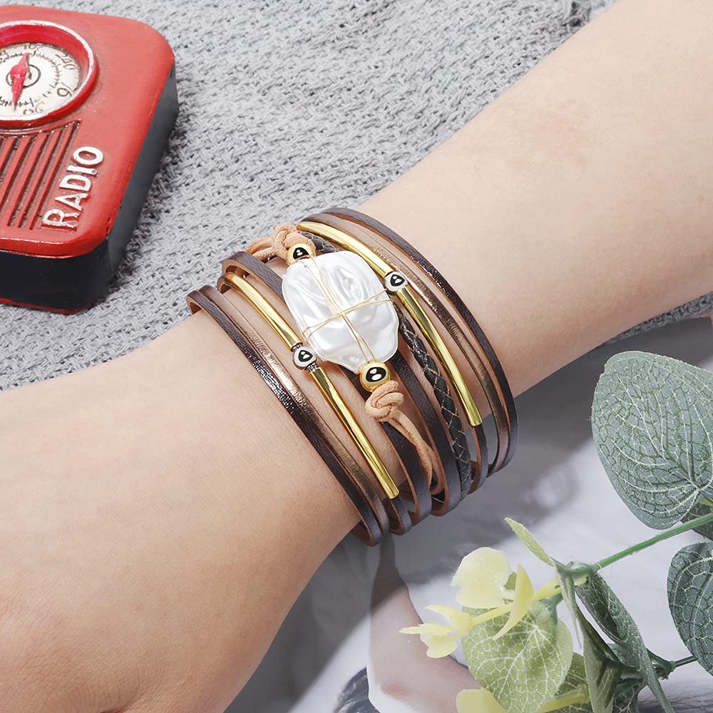 Fesciory Leopard Bracelet for Women, Boho Leather Wrap Multi-Layer Pearl Crystal Bracelet Bangle Jewelry(Brown Leather(Pearl))