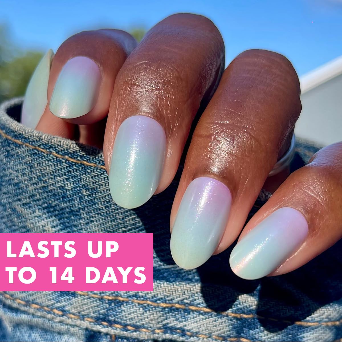 Olive & June Instant Mani Press-On Nails (Glue) | 42 Fake Nails, 21 Sizes | Non-Toxic Long-Lasting Recycled Materials Realistic Look | Salon-Quality | Medium, Oval | Iridescent Pearl Swirl Shimmer