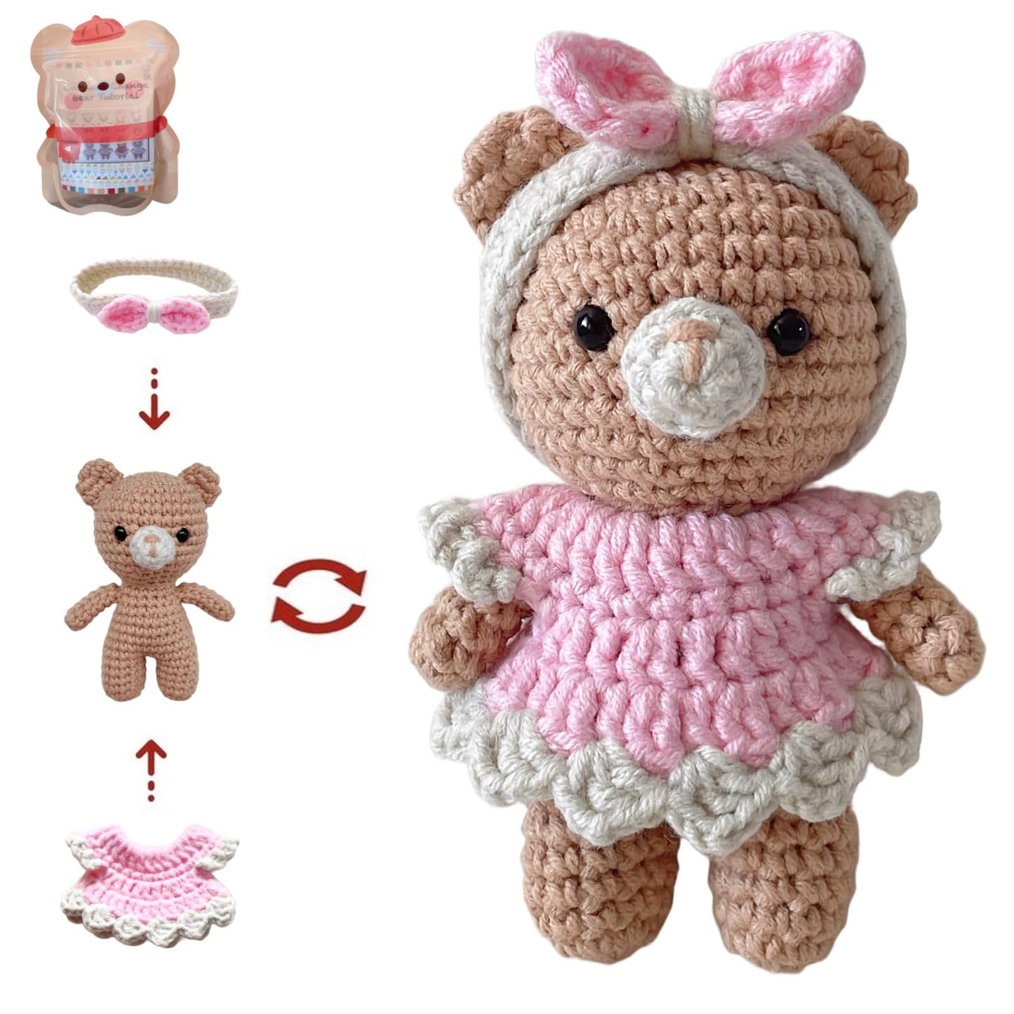 LoopMap Amigurumi Crochet Kit for Beginners with Removable Dress & Video Tutorials, DIY Bear Making Kit Includes Premium Yarn & Tools, Creative Gift for Adults Teens (Pink)
