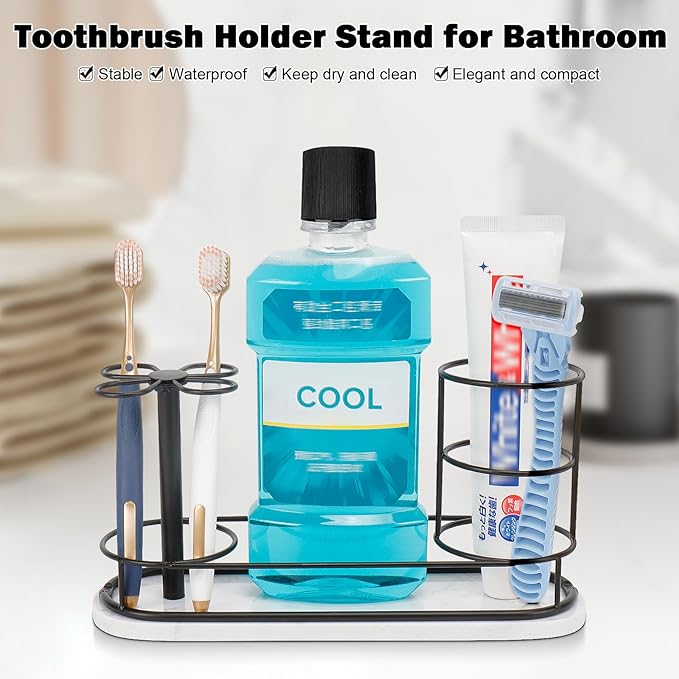 HarJue Toothbrush Holder Stand for Bathroom, Metal Toothbrush Organizer with Marble Base, Toothbrush Storage Collection for Family, Suitable for Home Hotel Countertop Vanity (Large, Matte Black)