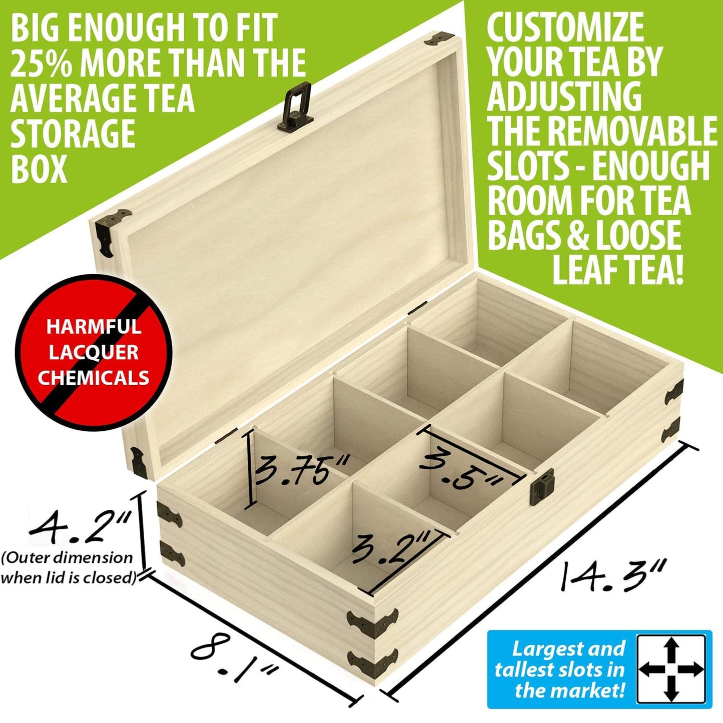 Zen Earth Inspired Large Wooden Tea Organizer Box, Big 14" Pine Storage Chest | 8-Slot Tall, Adjustable Shelves | 100% Handmade Craft Eco-Friendly Natural Décor