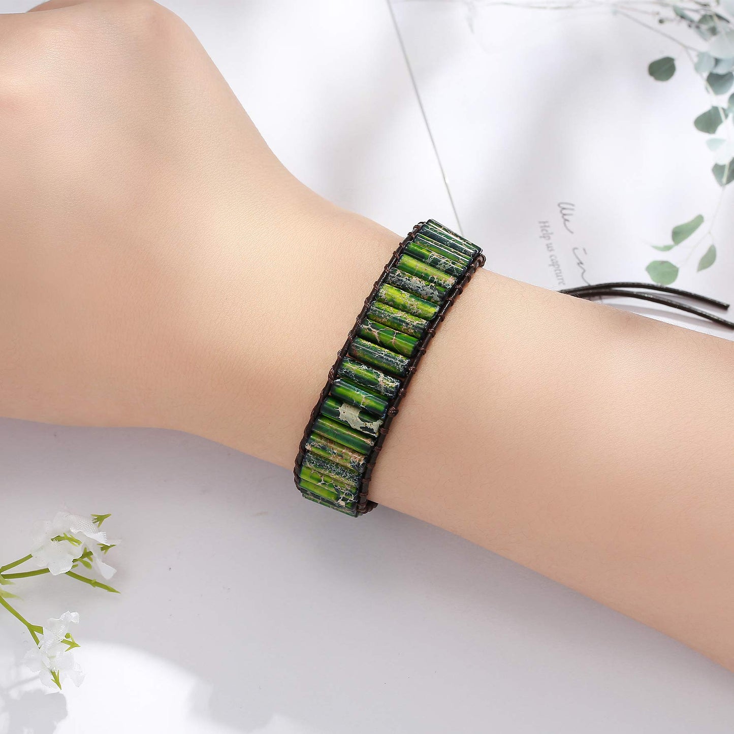 Plumiss Boho Handmade Green Imperial Jasper Bead Wrap Bracelet for Women Men