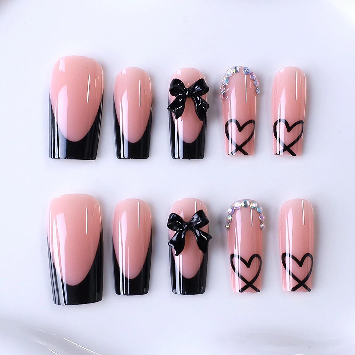 MISUD Press on Nails - Long Square Glue on Nails with Black French Tip, Acrylic Heart Bow Design 24 pcs