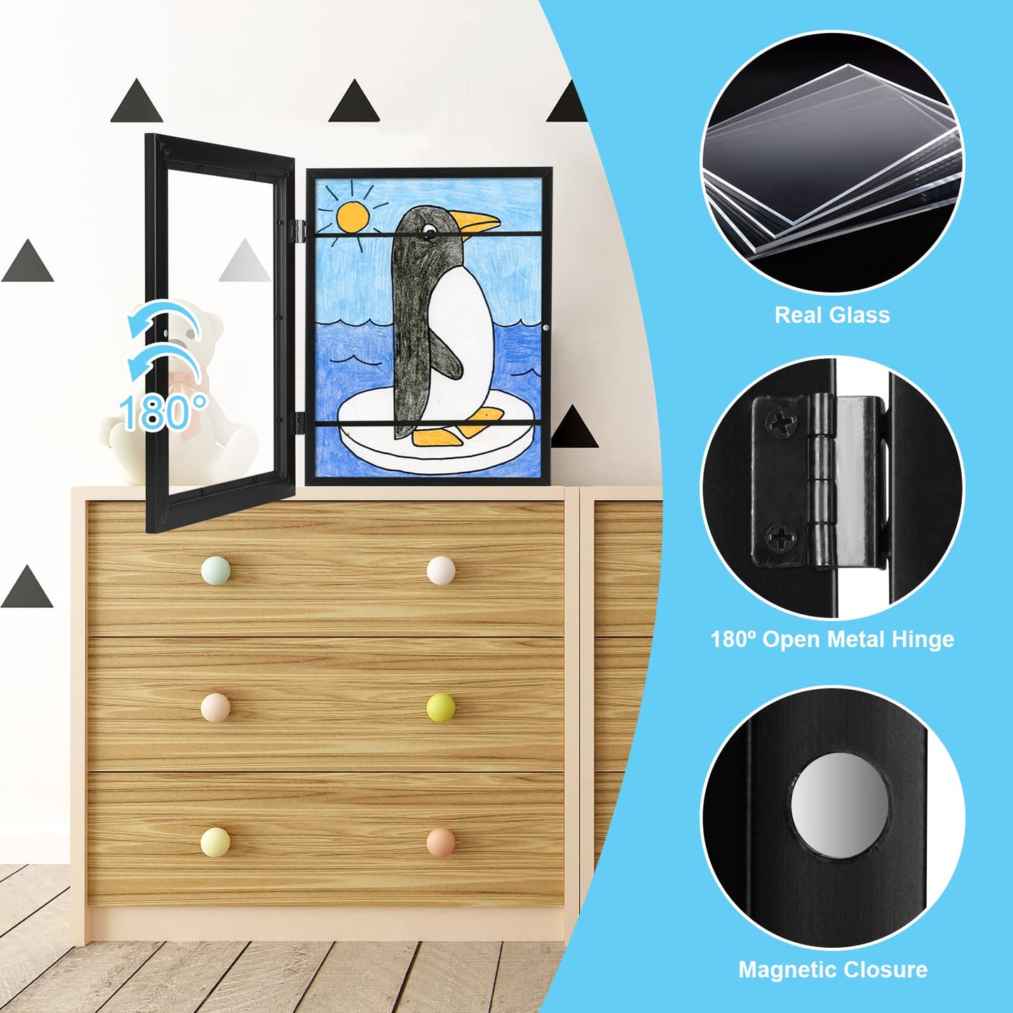 [3-Pack] Kids Art Frames, 8.5x11 Front Opening Kids Artwork Frames Changeable, Black Artwork Display Storage Frame for Wall, Holds 50 Pcs, for 3D Picture, Crafts, Hanging Art, Portfolio